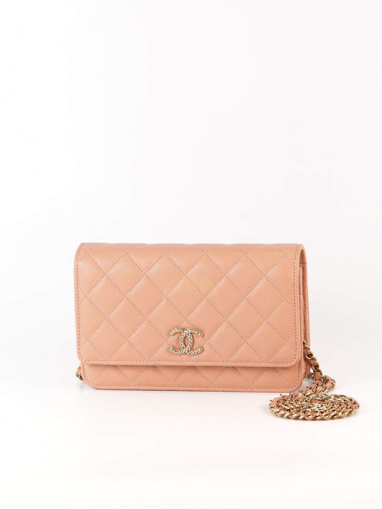 23P Wallet On Chain (WOC) Beige-Peach in Quilted Caviar Light Gold Hardware (Microchip) | Purse Maison Luxury Bags Shop
