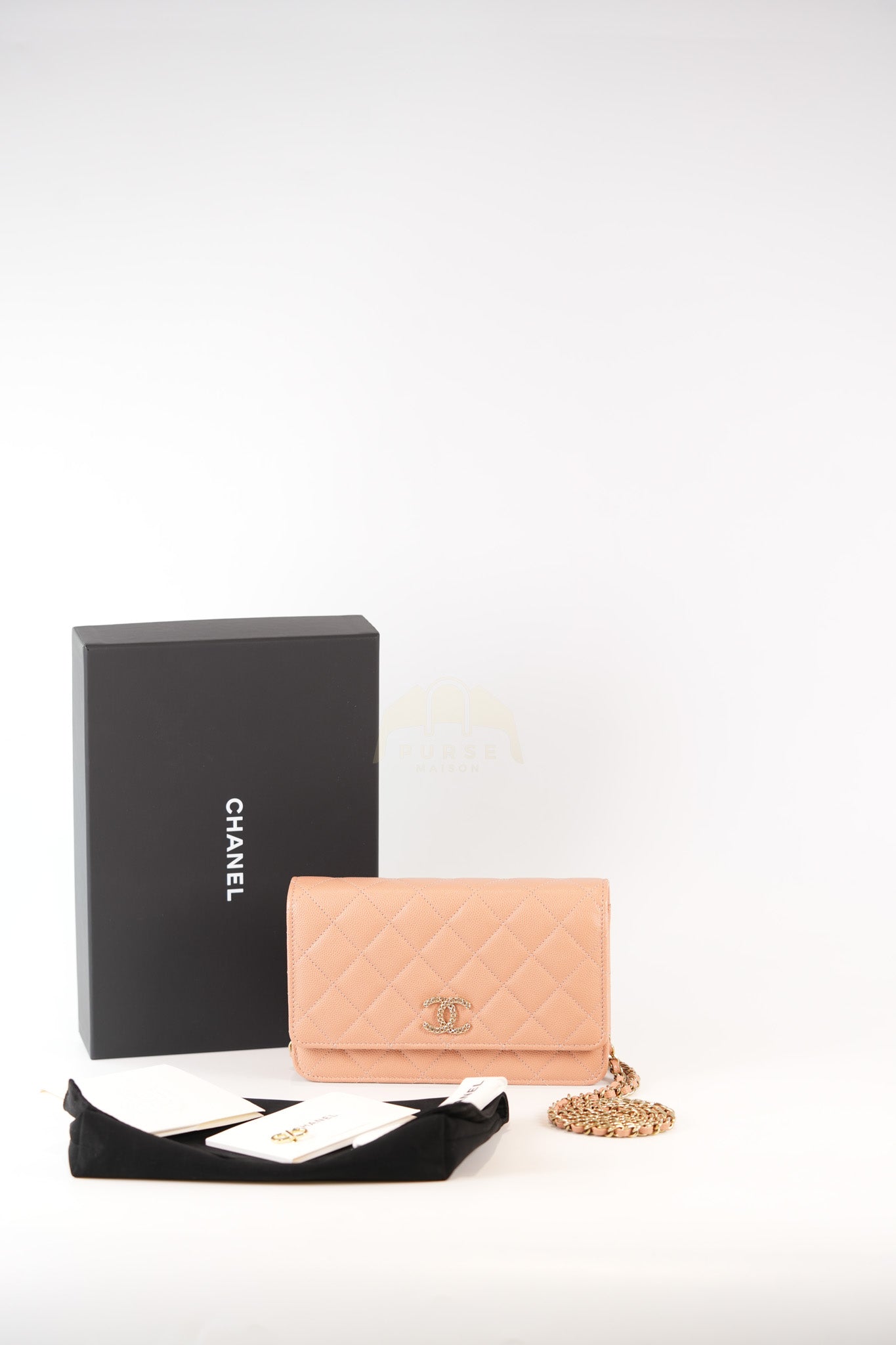 23P Wallet On Chain (WOC) Beige-Peach in Quilted Caviar Light Gold Hardware (Microchip) | Purse Maison Luxury Bags Shop