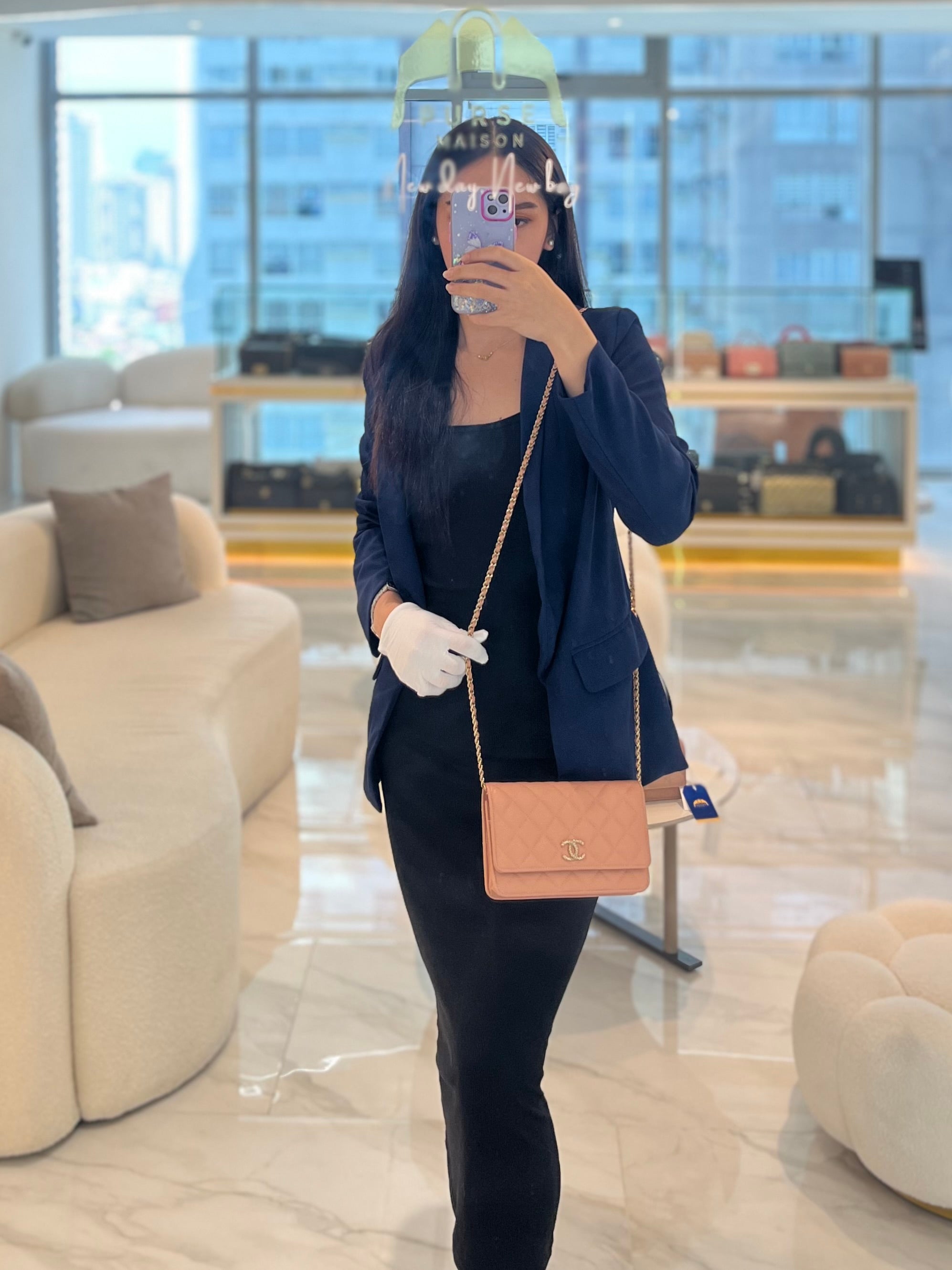 23P Wallet On Chain (WOC) Beige-Peach in Quilted Caviar Light Gold Hardware (Microchip) | Purse Maison Luxury Bags Shop