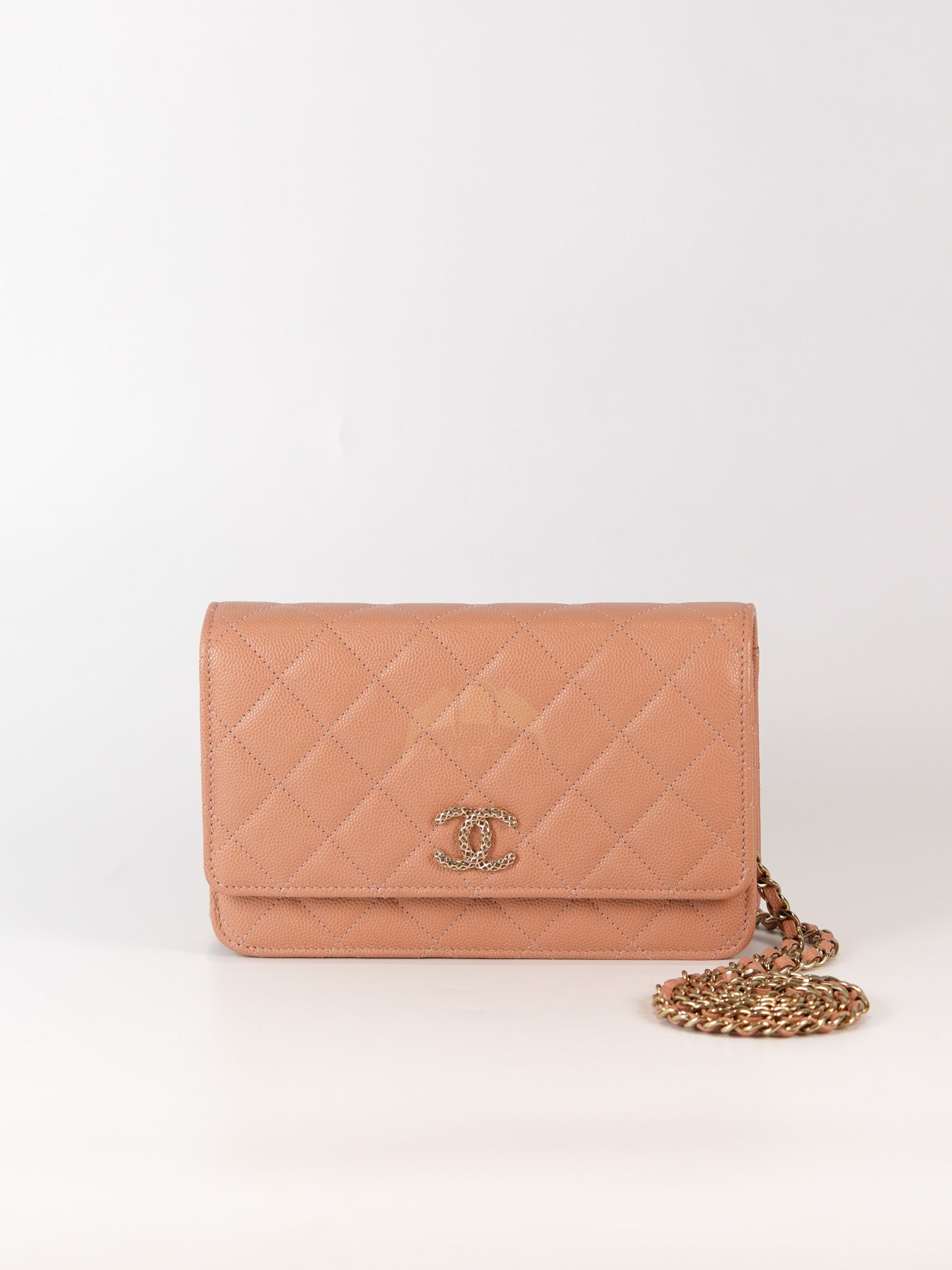 23P Wallet On Chain (WOC) Beige-Peach in Quilted Caviar Light Gold Hardware (Microchip) | Purse Maison Luxury Bags Shop
