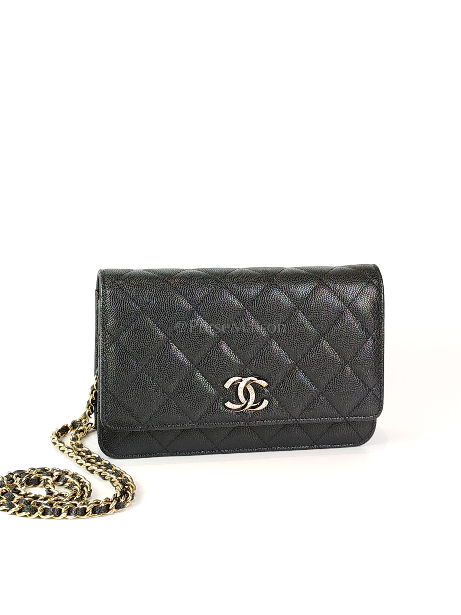23S Wallet On Chain in Black Caviar Leather & Crystal Enamel Gold Hardware (Microchip) | Purse Maison Luxury Bags Shop