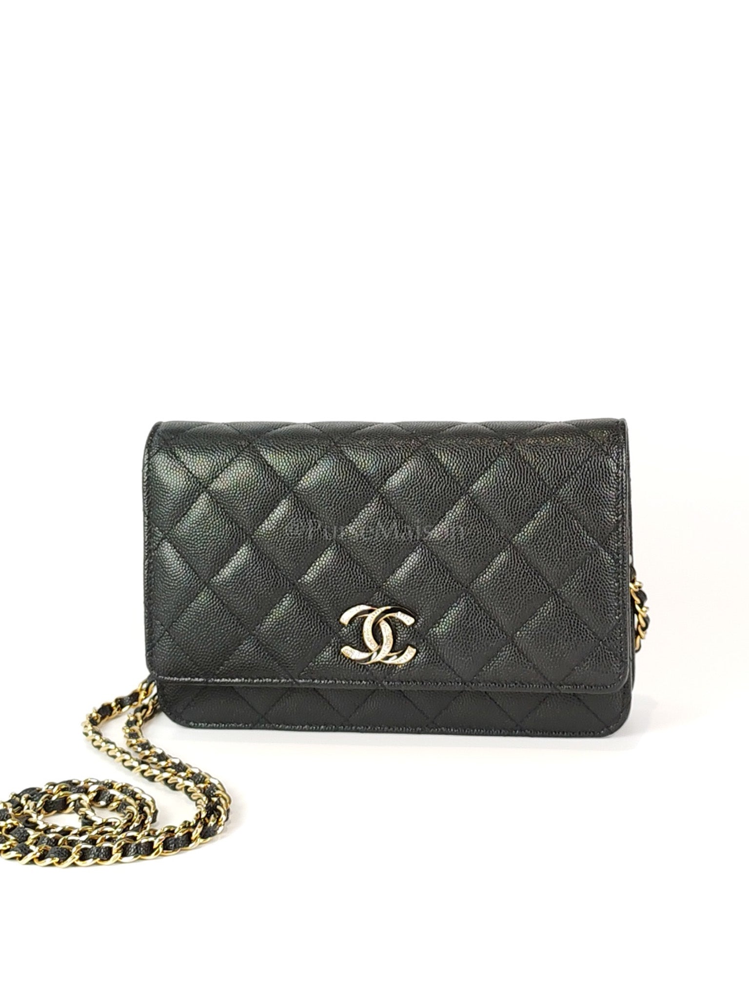 23S Wallet On Chain in Black Caviar Leather & Crystal Enamel Gold Hardware (Microchip) | Purse Maison Luxury Bags Shop