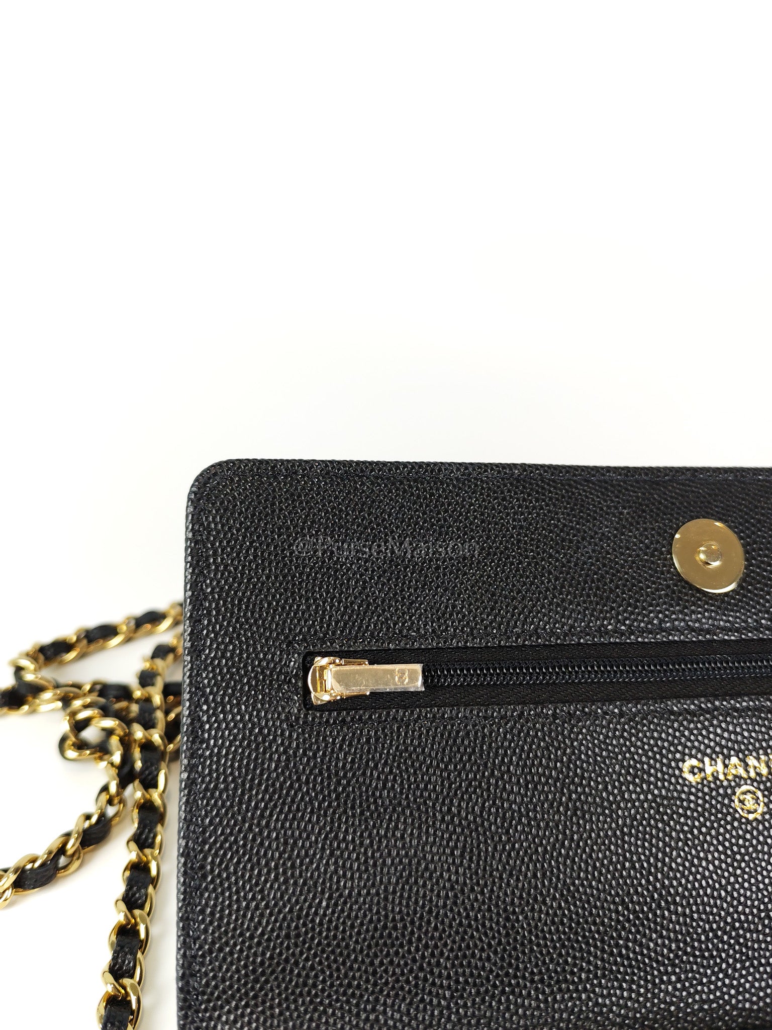 23S Wallet On Chain in Black Caviar Leather & Crystal Enamel Gold Hardware (Microchip) | Purse Maison Luxury Bags Shop