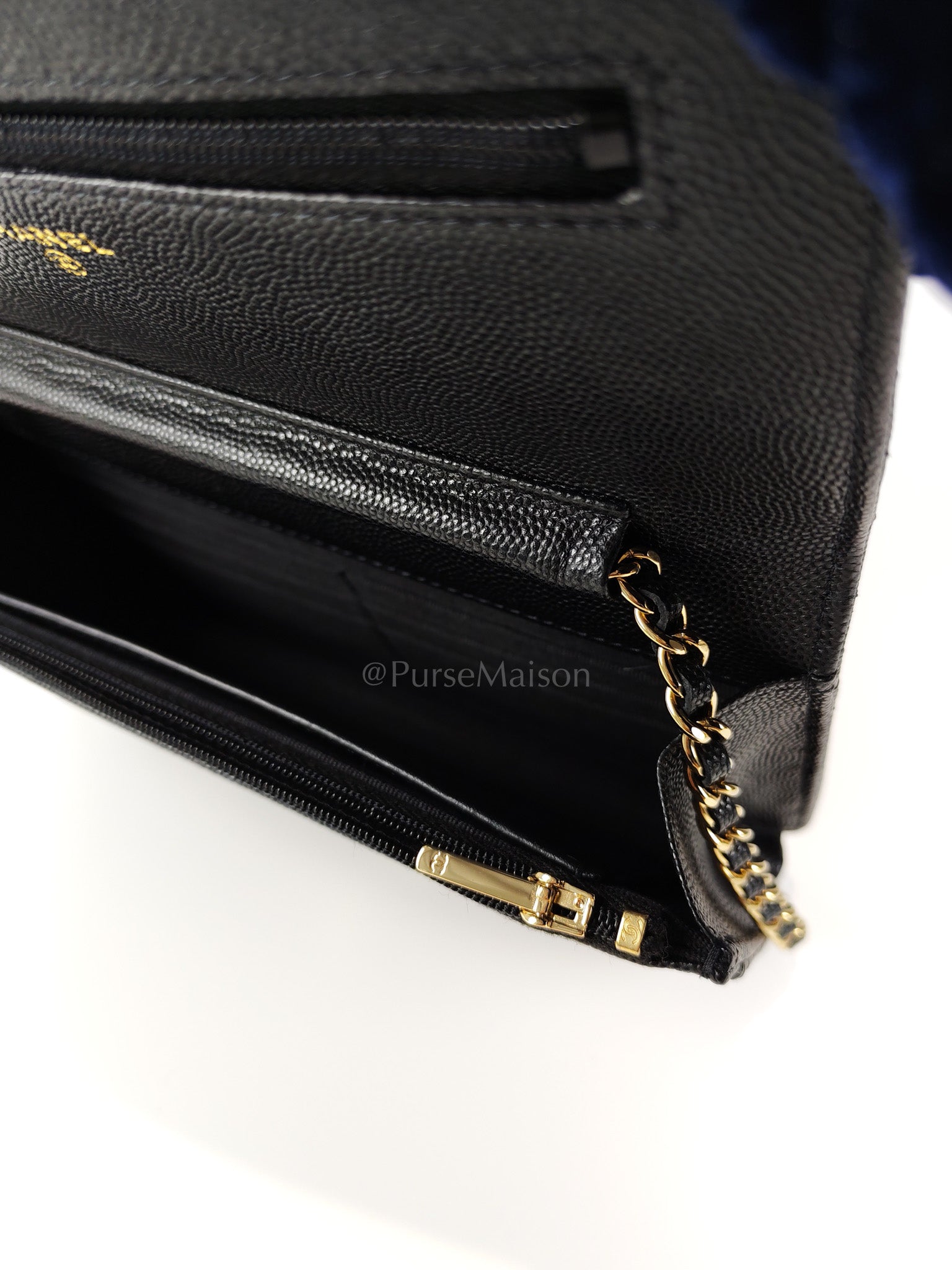 23S Wallet On Chain in Black Caviar Leather & Crystal Enamel Gold Hardware (Microchip) | Purse Maison Luxury Bags Shop