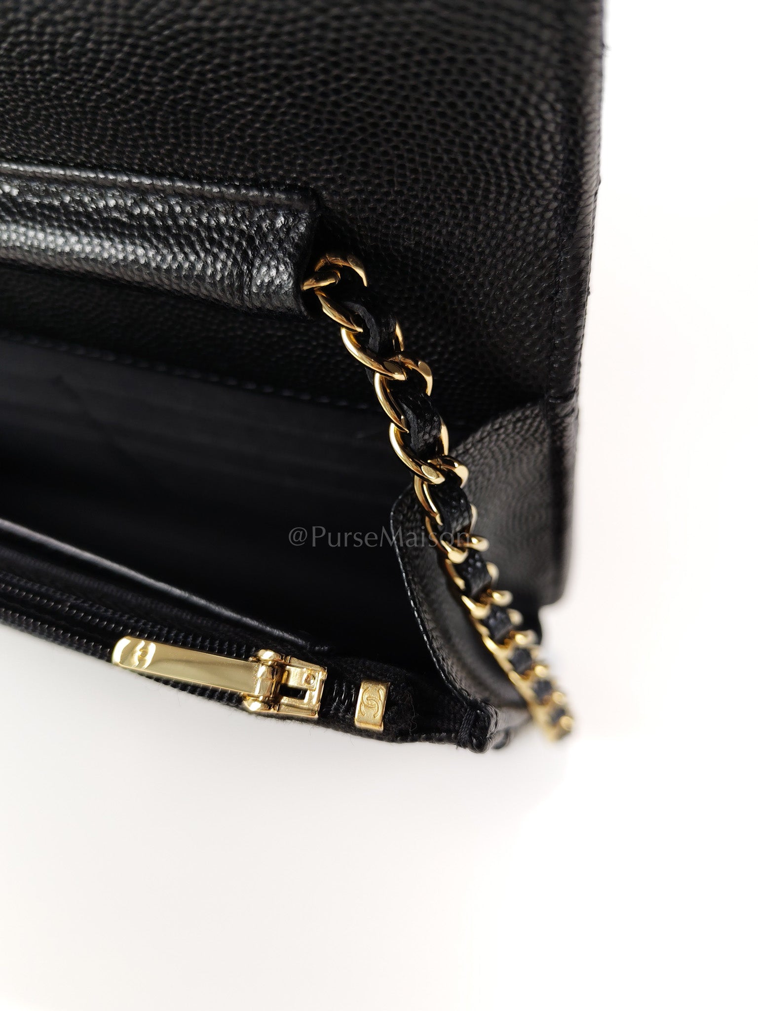 23S Wallet On Chain in Black Caviar Leather & Crystal Enamel Gold Hardware (Microchip) | Purse Maison Luxury Bags Shop