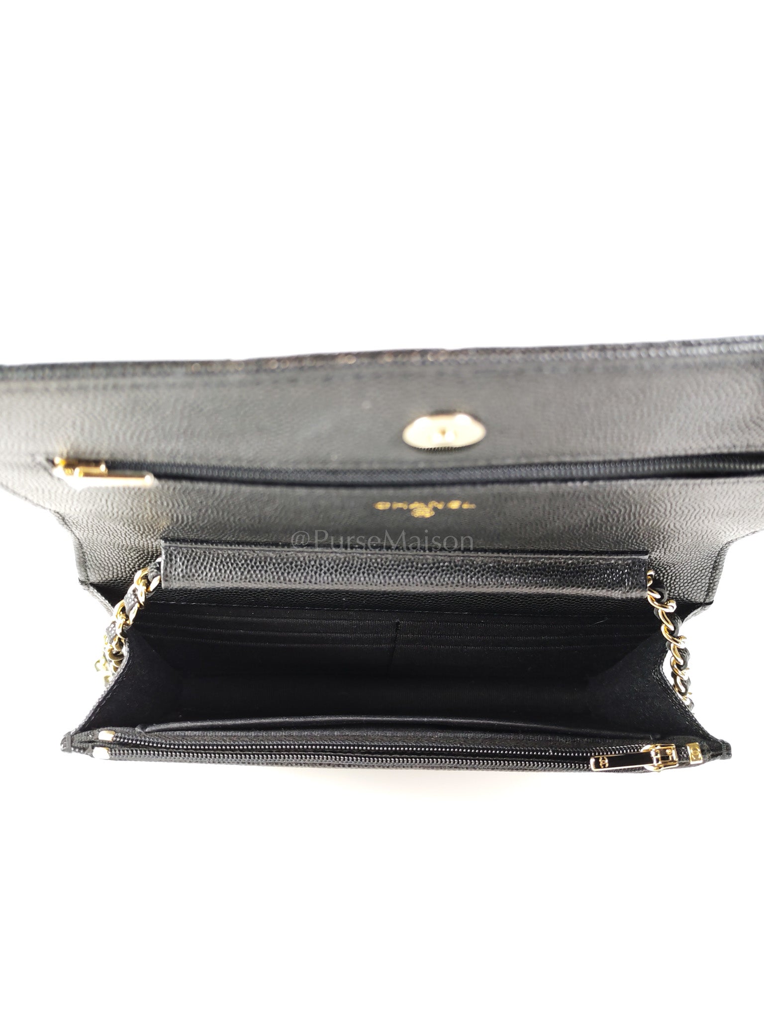23S Wallet On Chain in Black Caviar Leather & Crystal Enamel Gold Hardware (Microchip) | Purse Maison Luxury Bags Shop