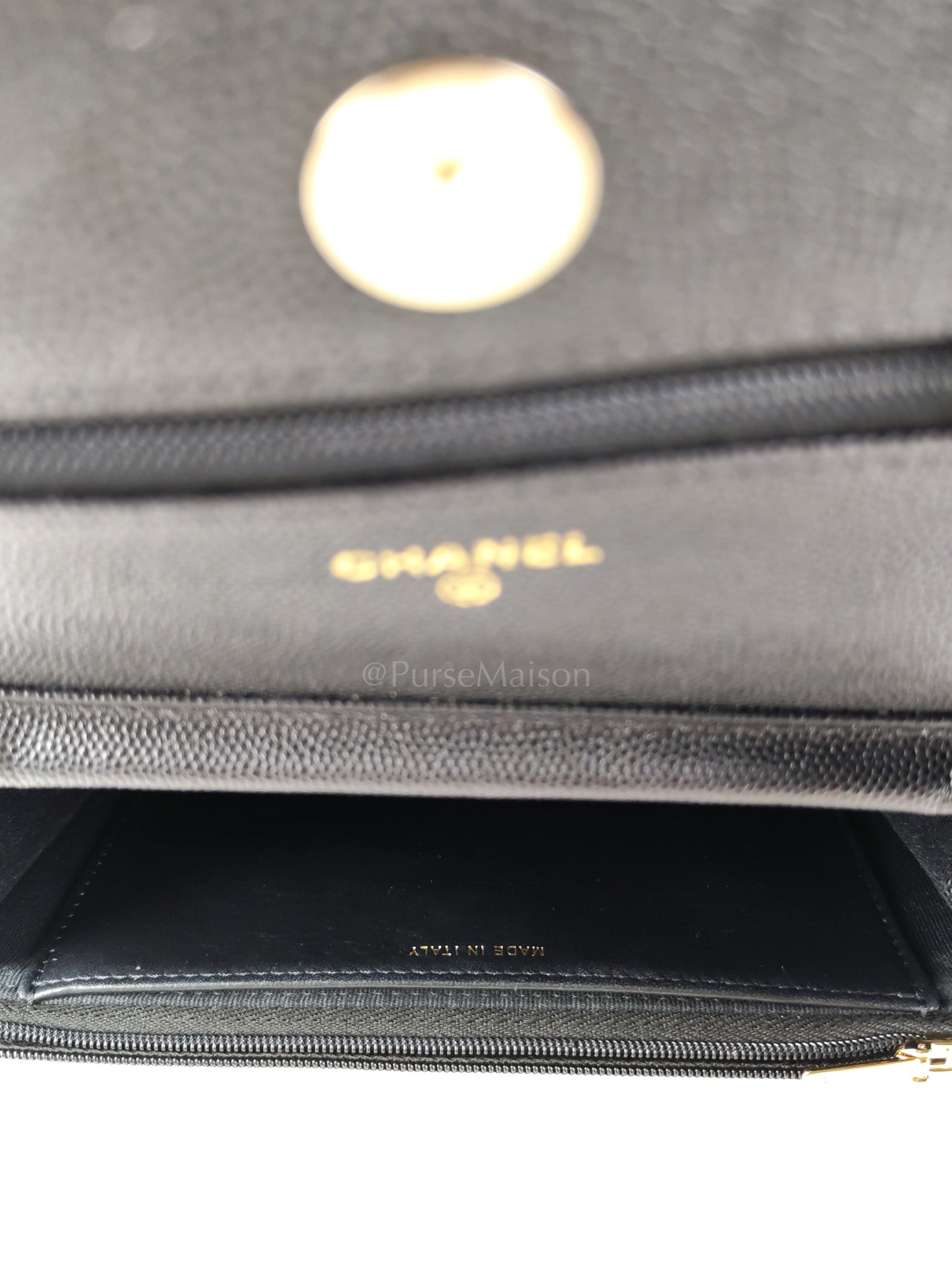 23S Wallet On Chain in Black Caviar Leather & Crystal Enamel Gold Hardware (Microchip) | Purse Maison Luxury Bags Shop