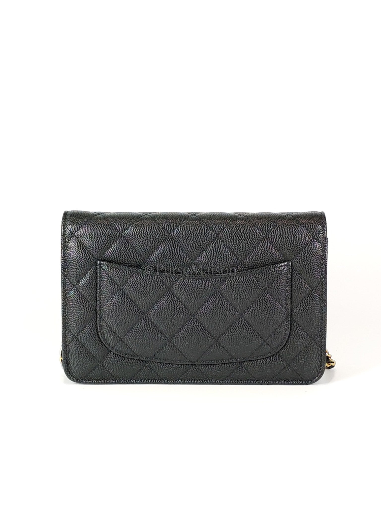 23S Wallet On Chain in Black Caviar Leather & Crystal Enamel Gold Hardware (Microchip) | Purse Maison Luxury Bags Shop