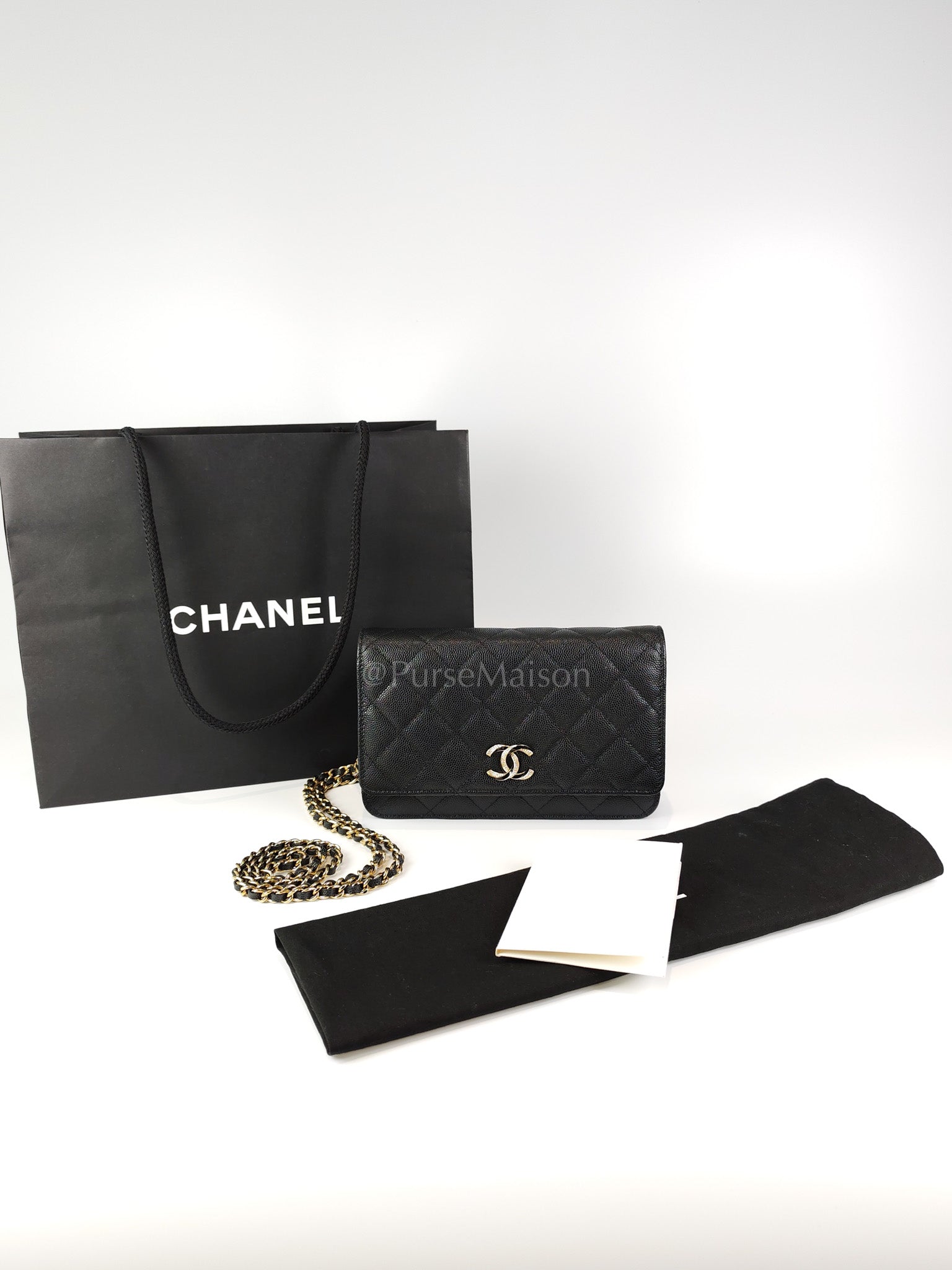 23S Wallet On Chain in Black Caviar Leather & Crystal Enamel Gold Hardware (Microchip) | Purse Maison Luxury Bags Shop