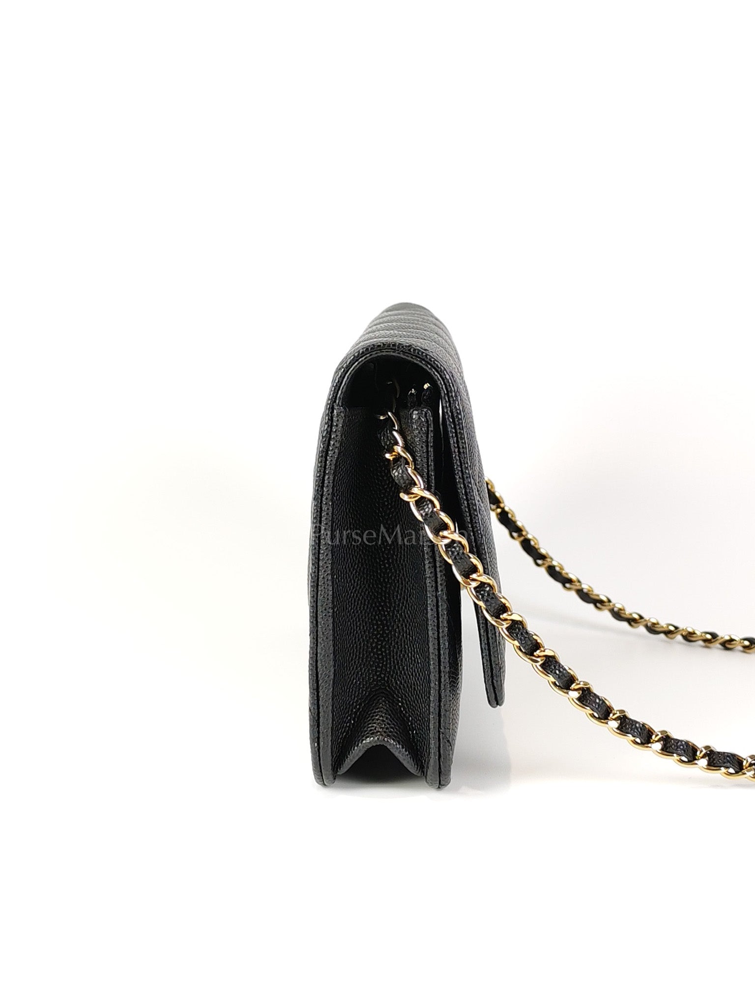 23S Wallet On Chain in Black Caviar Leather & Crystal Enamel Gold Hardware (Microchip) | Purse Maison Luxury Bags Shop