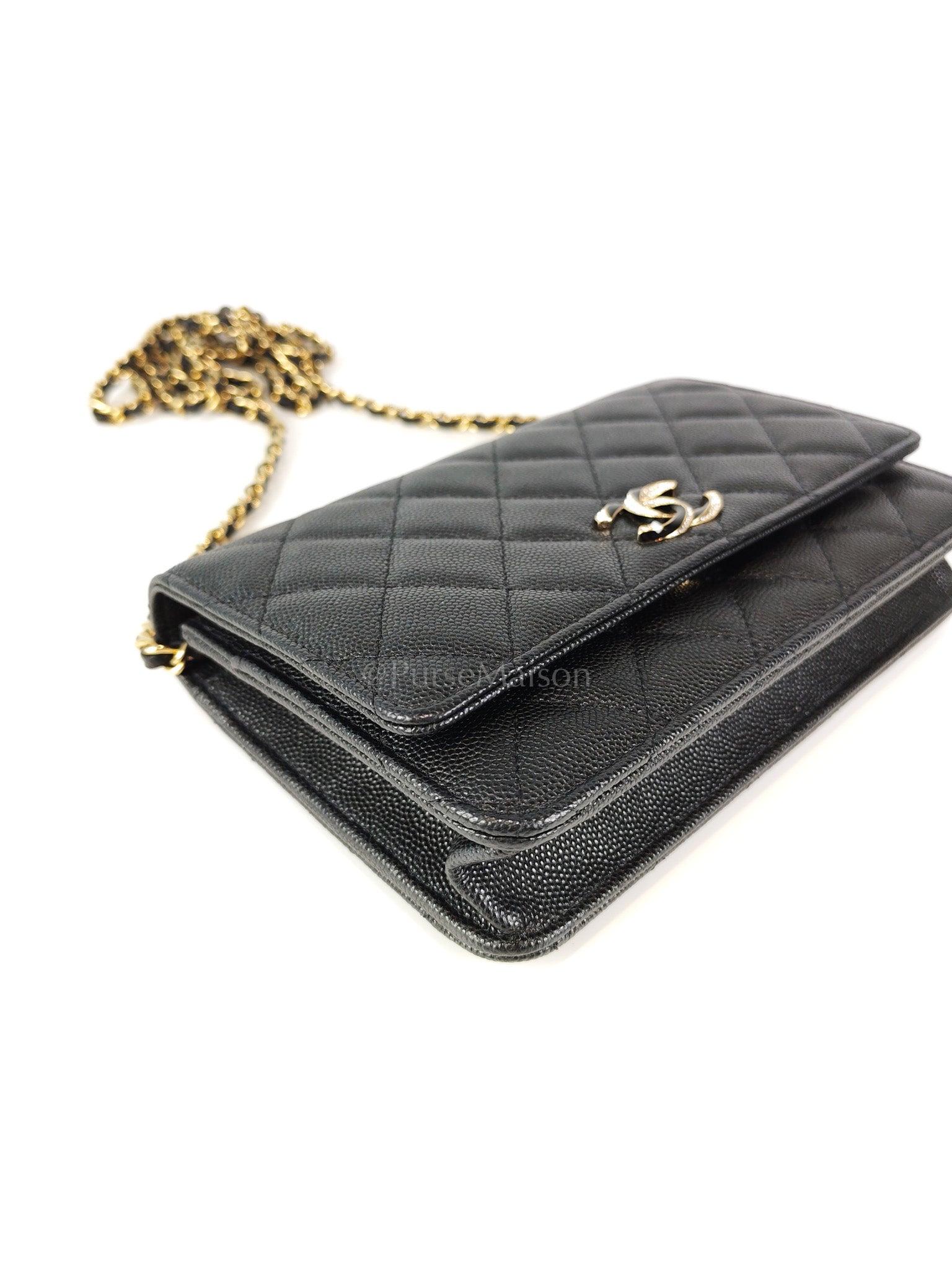23S Wallet On Chain in Black Caviar Leather & Crystal Enamel Gold Hardware (Microchip) | Purse Maison Luxury Bags Shop