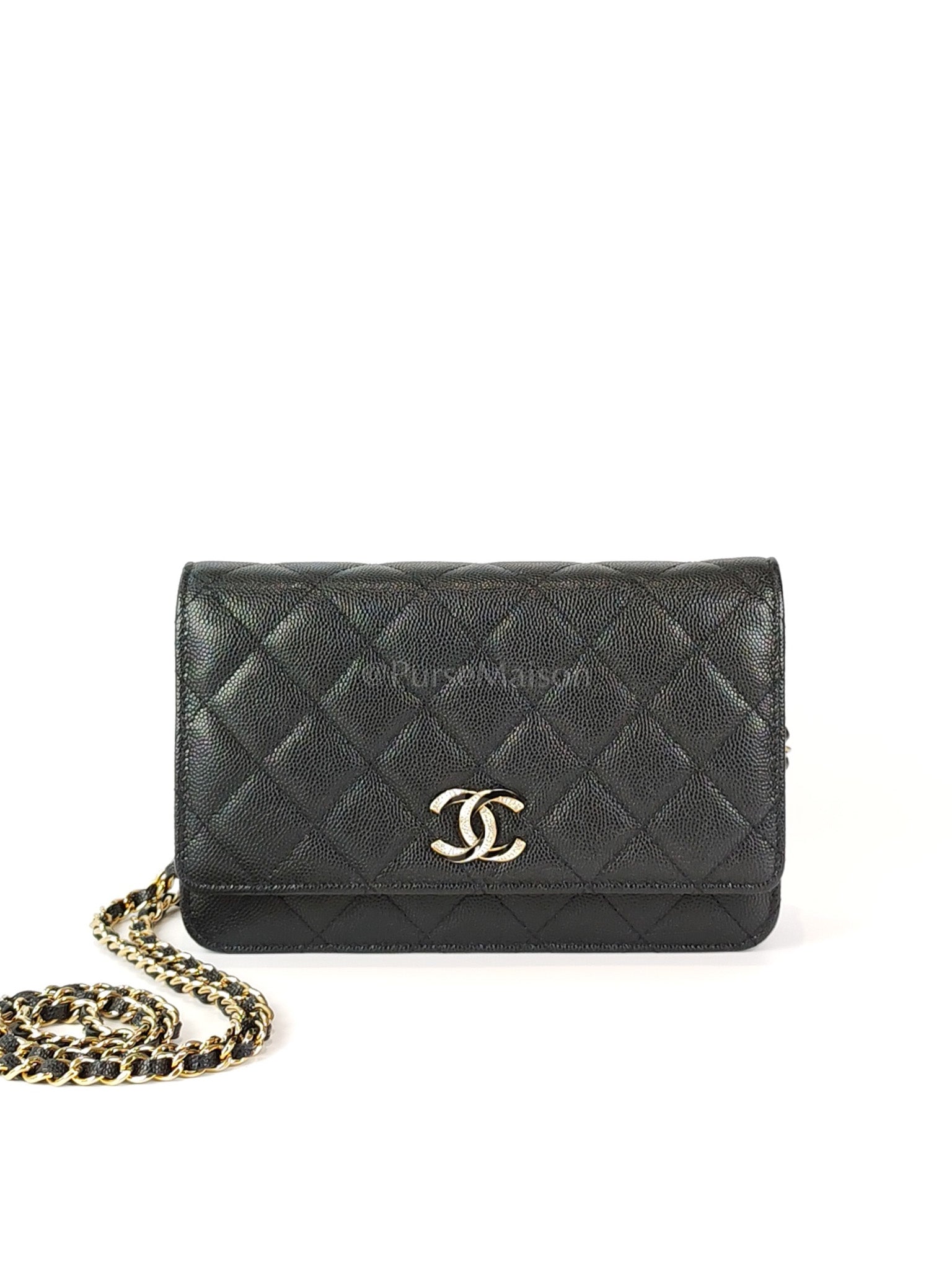 23S Wallet On Chain in Black Caviar Leather & Crystal Enamel Gold Hardware (Microchip) | Purse Maison Luxury Bags Shop