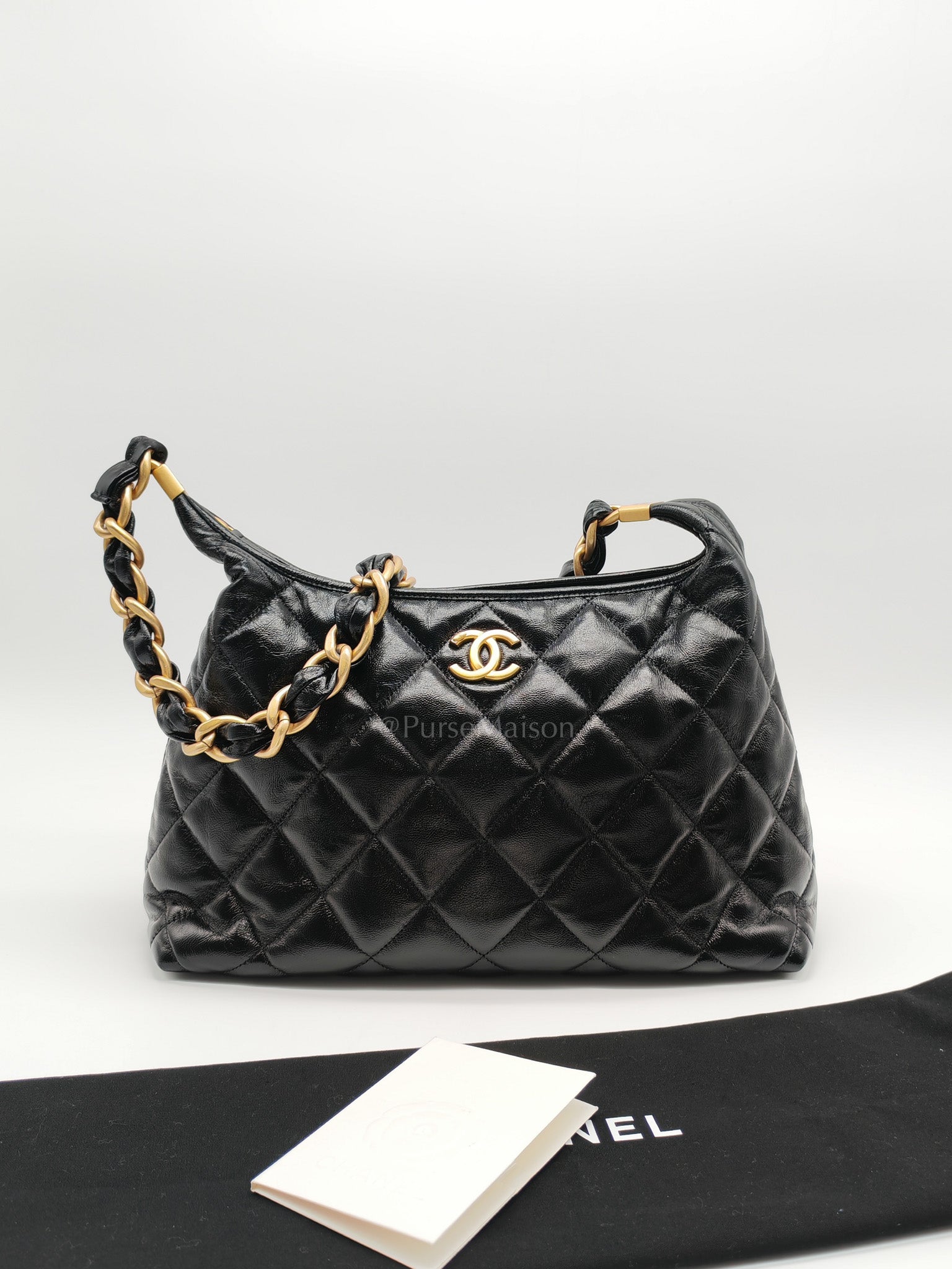 24A Hobo Bag in Black Lambskin Leather & Aged Gold Hardware Microchip | Purse Maison Luxury Bags Shop