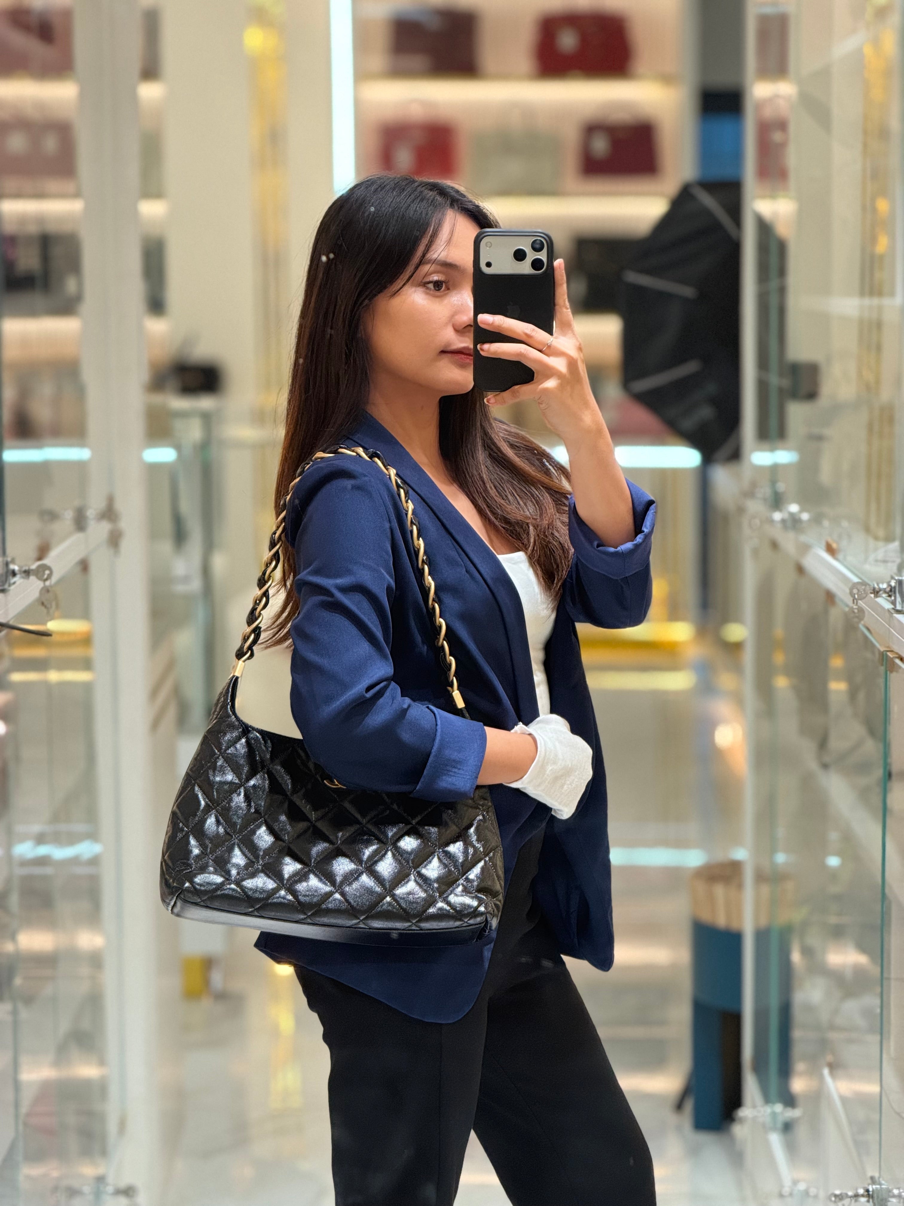 24A Hobo Bag in Black Lambskin Leather & Aged Gold Hardware Microchip | Purse Maison Luxury Bags Shop
