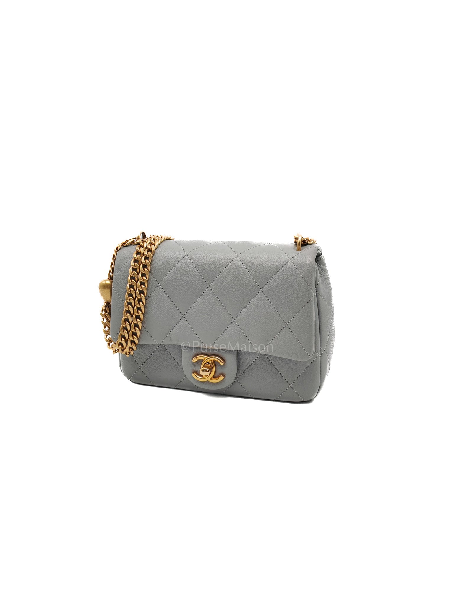 24P Mini Flap Bag Sweetheart Rush in Gray Quilted Caviar Leather & Aged Gold Hardware Microchip | Purse Maison Luxury Bags Shop