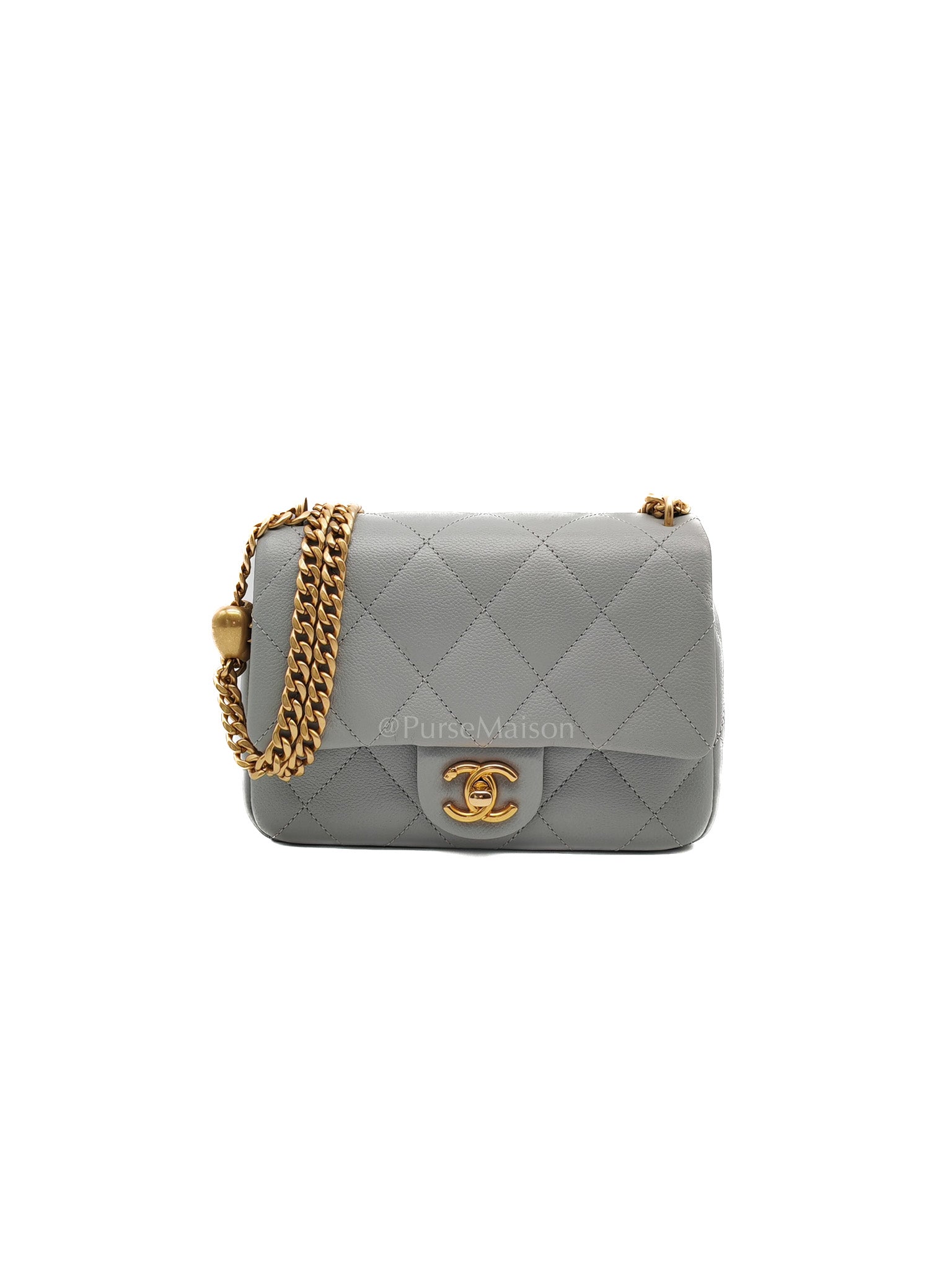 24P Mini Flap Bag Sweetheart Rush in Gray Quilted Caviar Leather & Aged Gold Hardware Microchip | Purse Maison Luxury Bags Shop