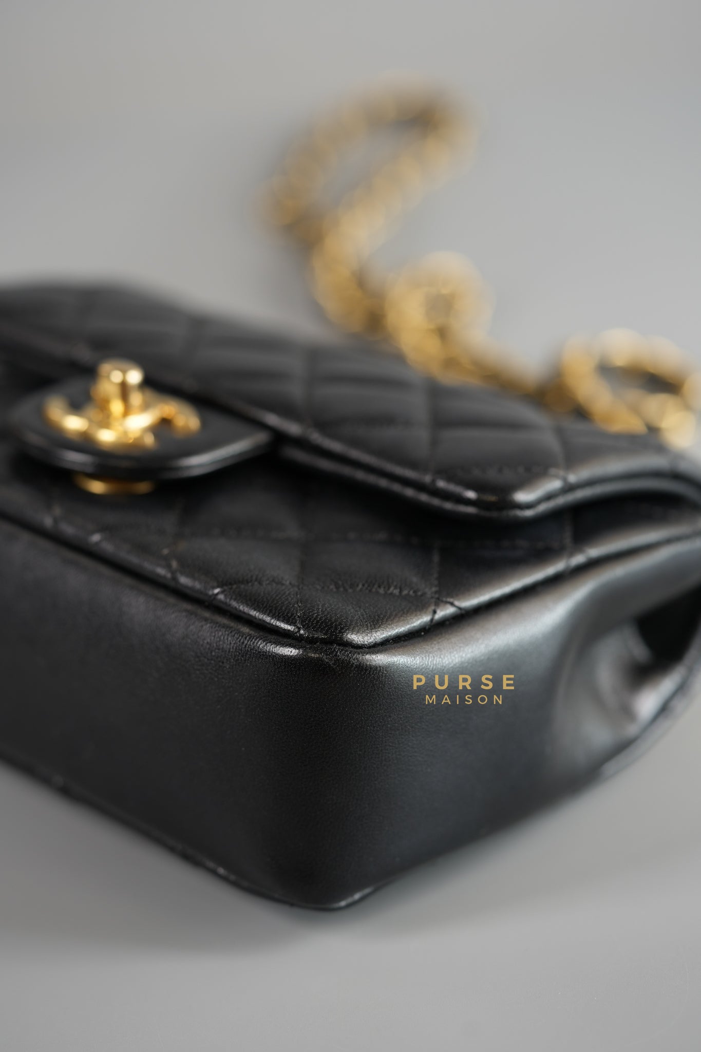 24P Mini Square Pearl Chain in Black Lambskin & Aged Gold Hardware (Microchip) | Purse Maison Luxury Bags Shop