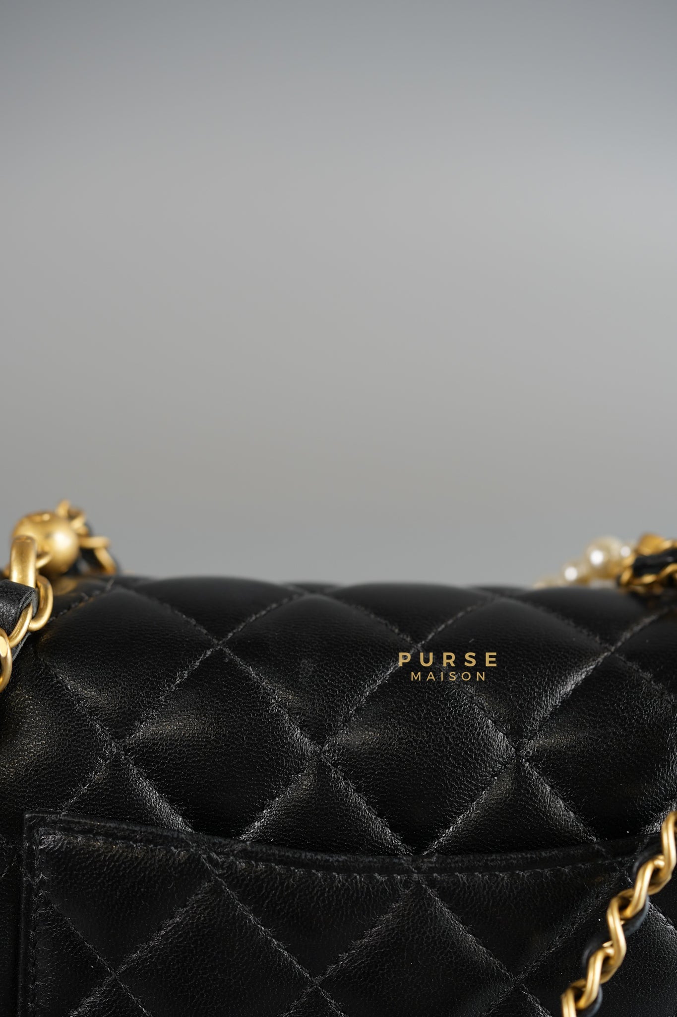 24P Mini Square Pearl Chain in Black Lambskin & Aged Gold Hardware (Microchip) | Purse Maison Luxury Bags Shop