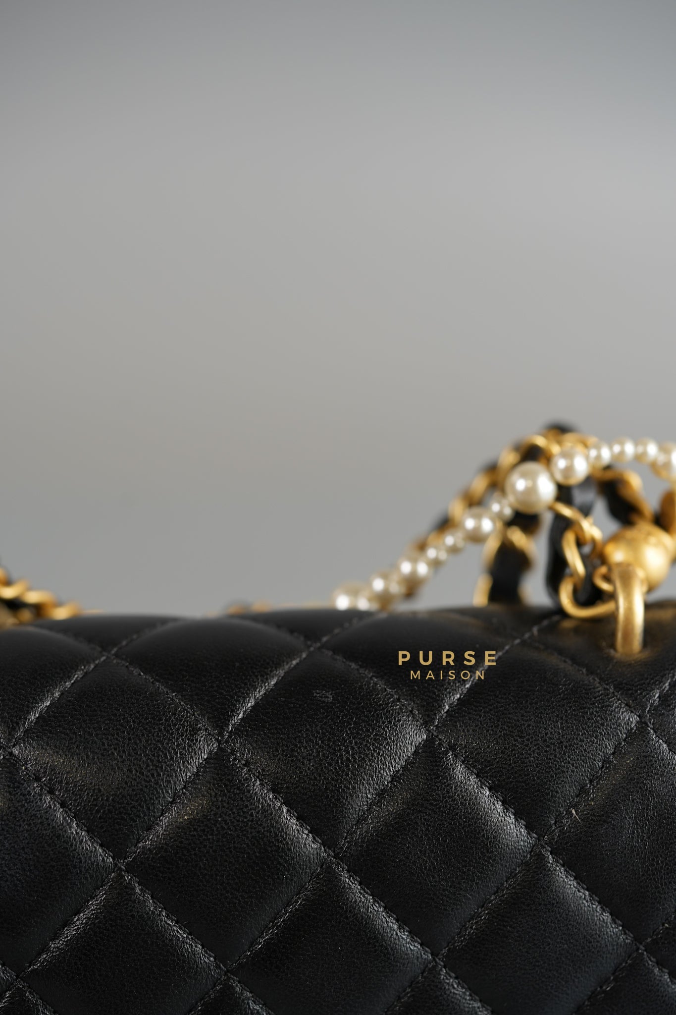 24P Mini Square Pearl Chain in Black Lambskin & Aged Gold Hardware (Microchip) | Purse Maison Luxury Bags Shop