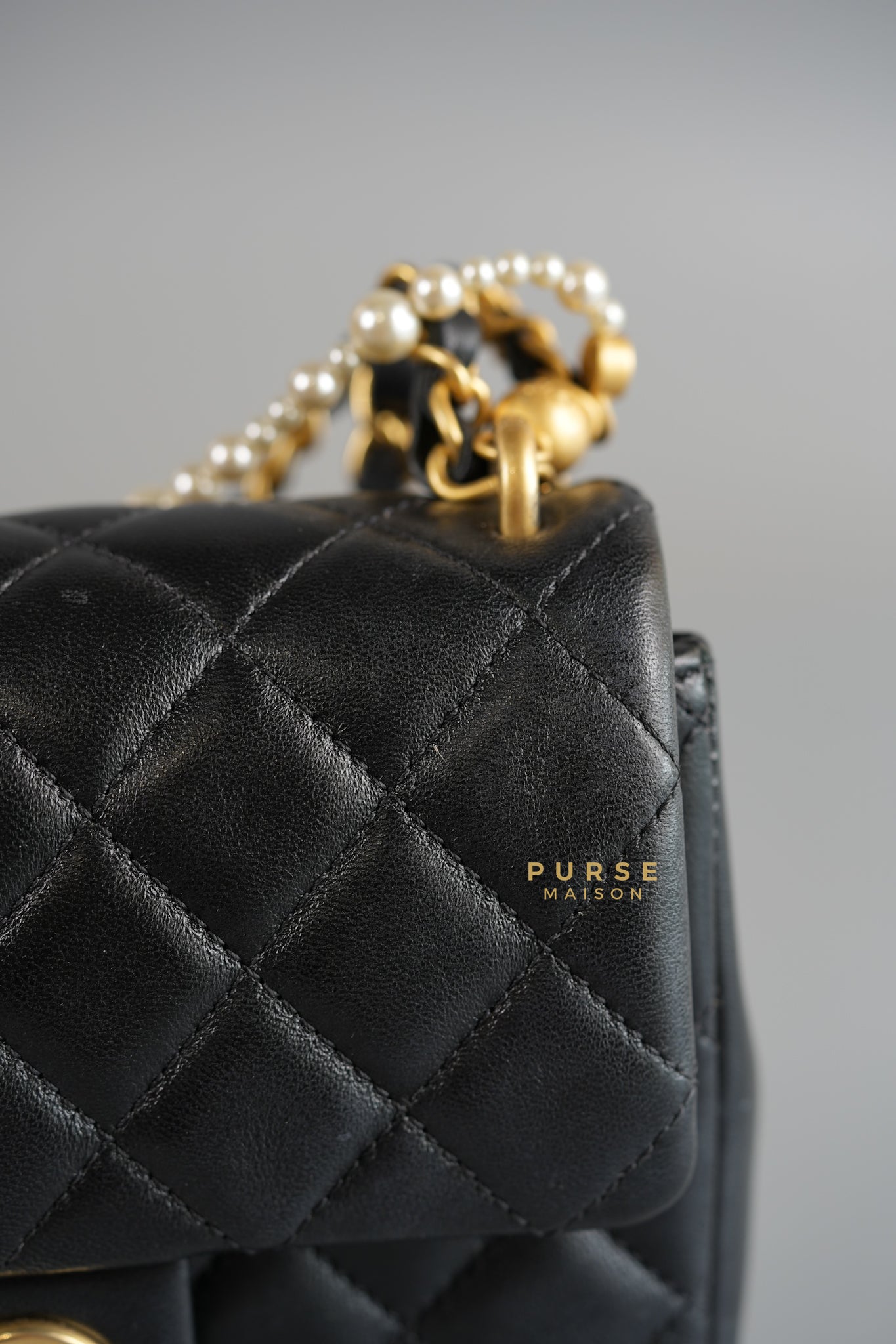 24P Mini Square Pearl Chain in Black Lambskin & Aged Gold Hardware (Microchip) | Purse Maison Luxury Bags Shop