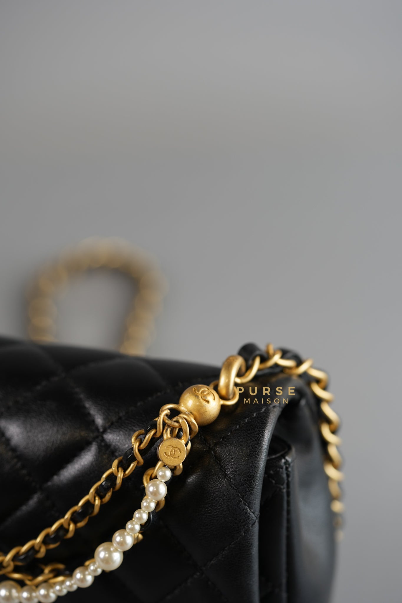 24P Mini Square Pearl Chain in Black Lambskin & Aged Gold Hardware (Microchip) | Purse Maison Luxury Bags Shop