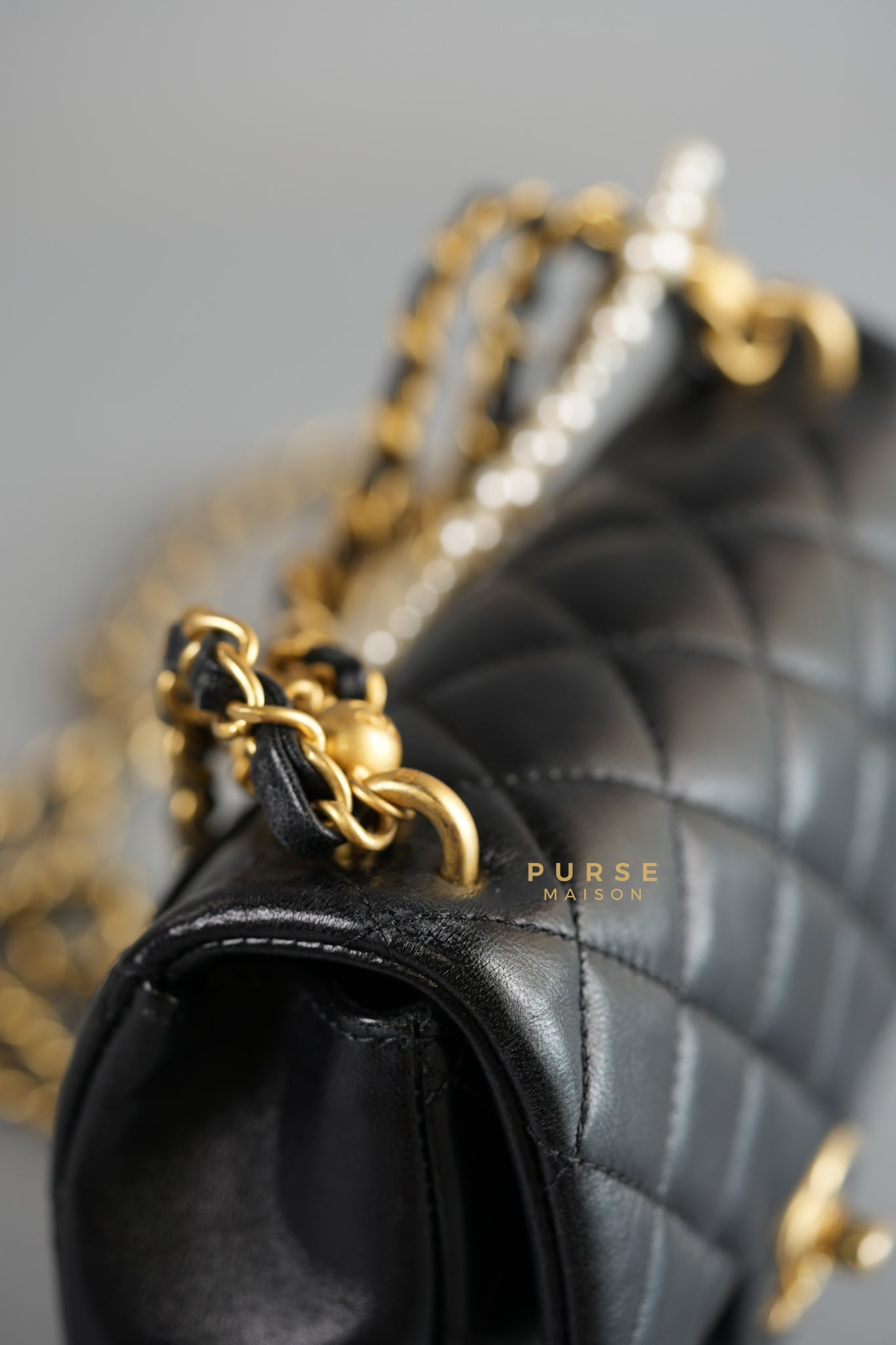 24P Mini Square Pearl Chain in Black Lambskin & Aged Gold Hardware (Microchip) | Purse Maison Luxury Bags Shop