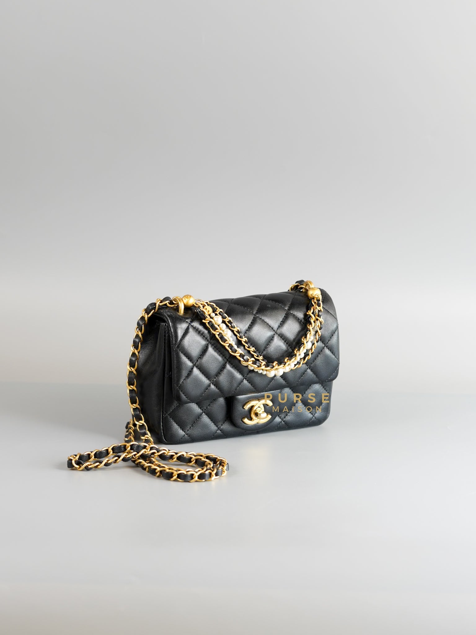 24P Mini Square Pearl Chain in Black Lambskin & Aged Gold Hardware (Microchip) | Purse Maison Luxury Bags Shop