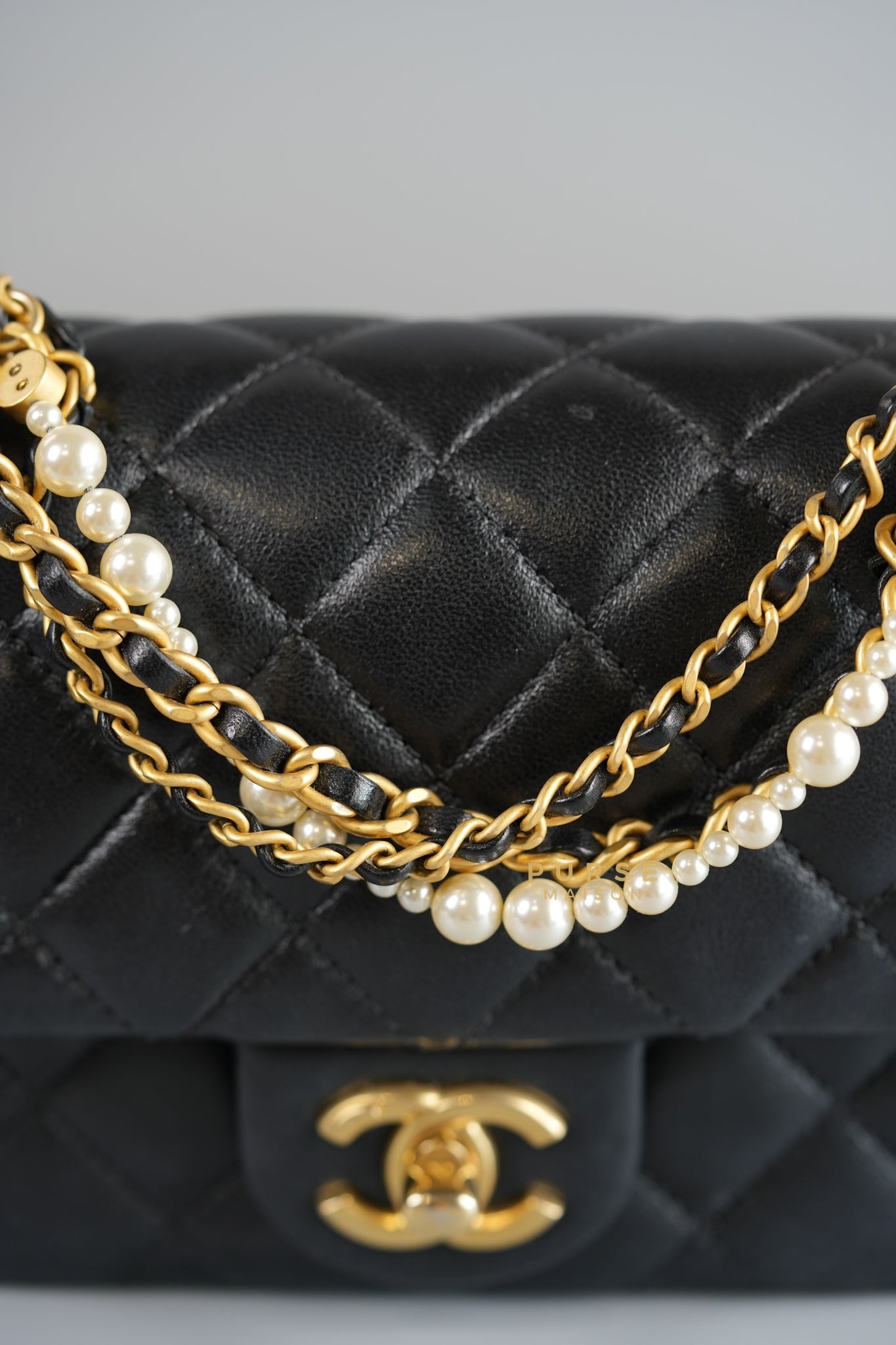 24P Mini Square Pearl Chain in Black Lambskin & Aged Gold Hardware (Microchip) | Purse Maison Luxury Bags Shop