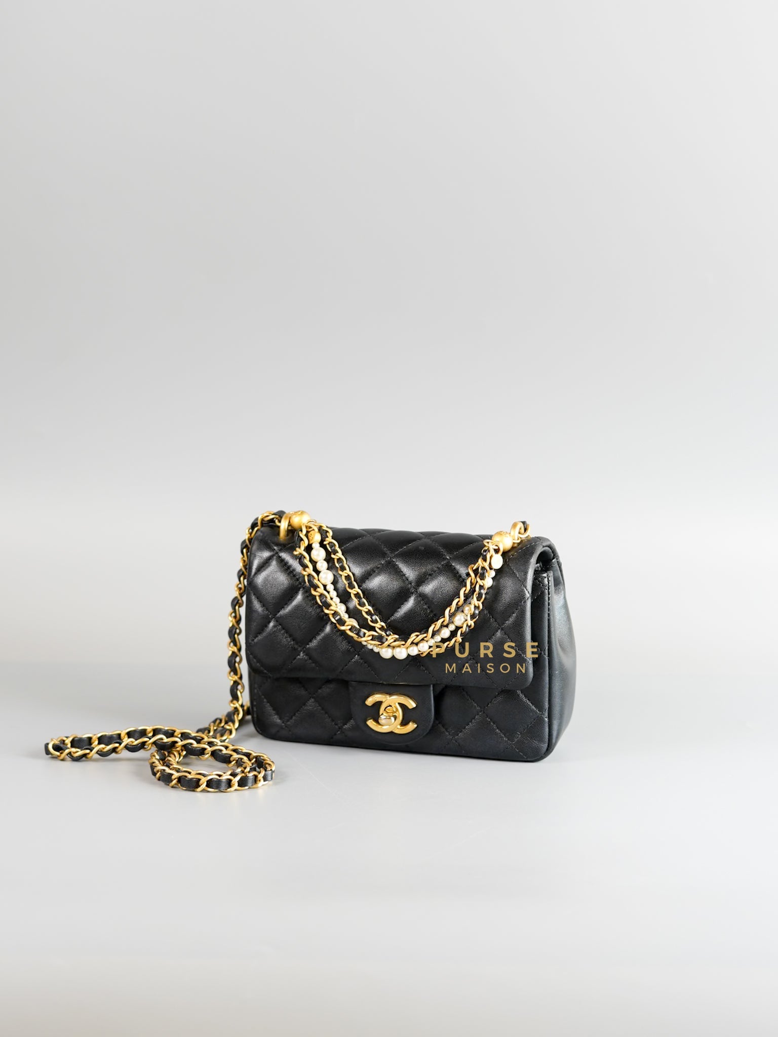 24P Mini Square Pearl Chain in Black Lambskin & Aged Gold Hardware (Microchip) | Purse Maison Luxury Bags Shop