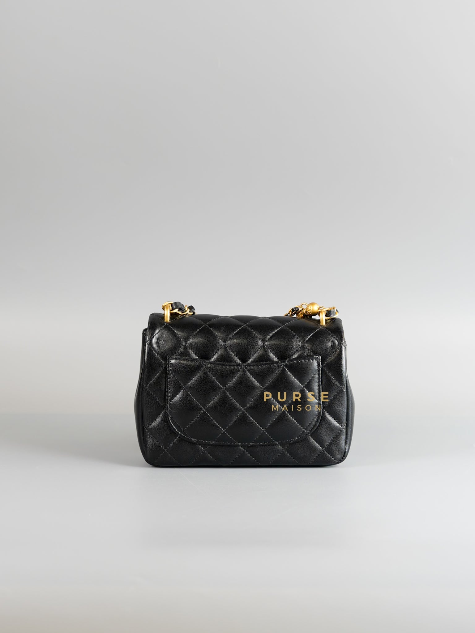 24P Mini Square Pearl Chain in Black Lambskin & Aged Gold Hardware (Microchip) | Purse Maison Luxury Bags Shop