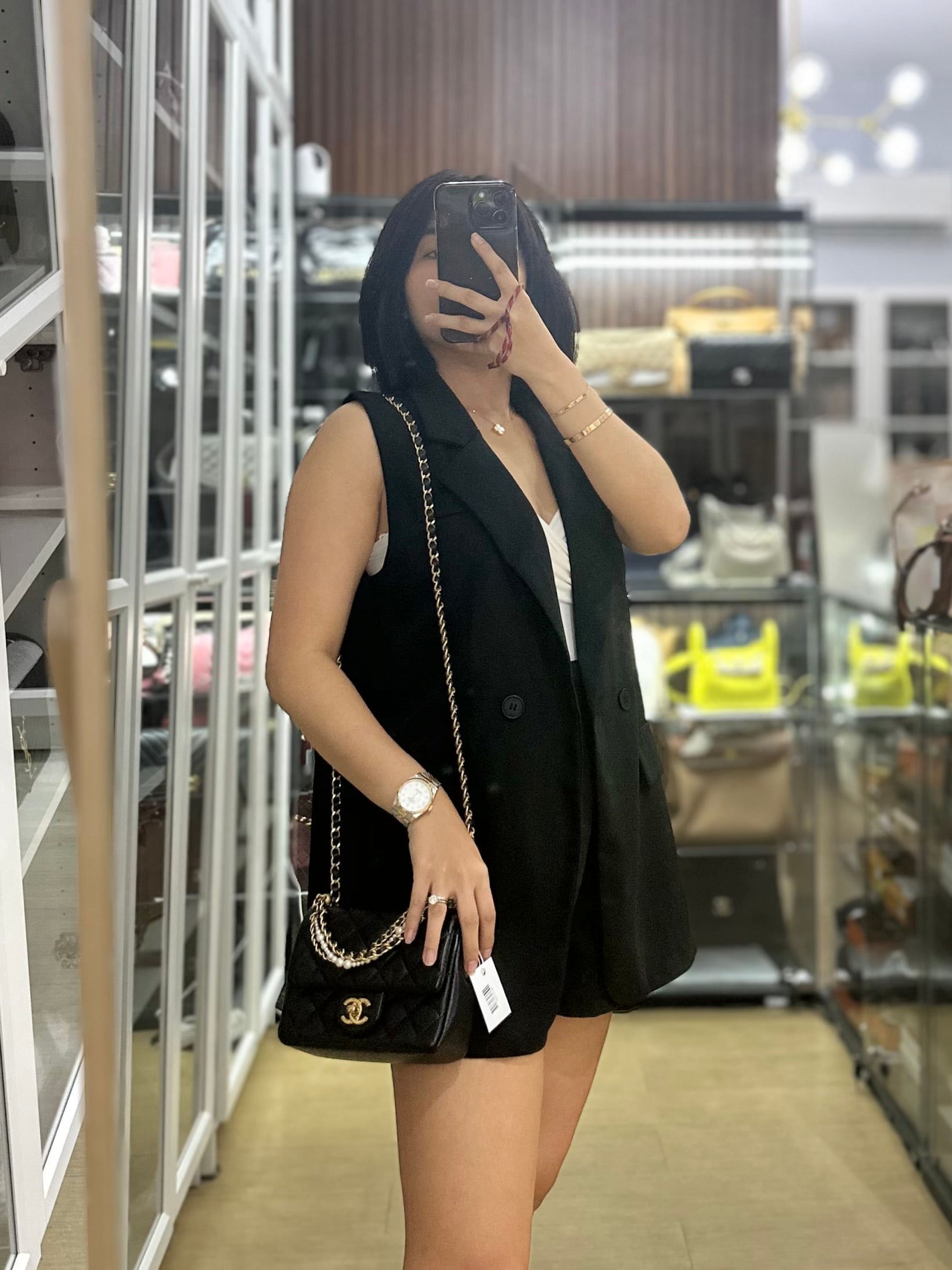 24P Mini Square Pearl Chain in Black Lambskin & Aged Gold Hardware (Microchip) | Purse Maison Luxury Bags Shop