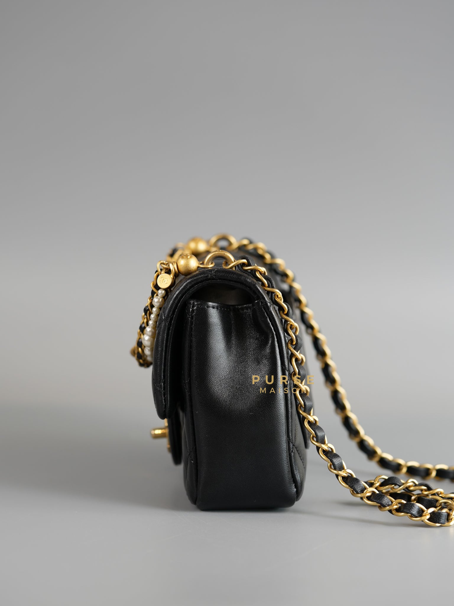 24P Mini Square Pearl Chain in Black Lambskin & Aged Gold Hardware (Microchip) | Purse Maison Luxury Bags Shop