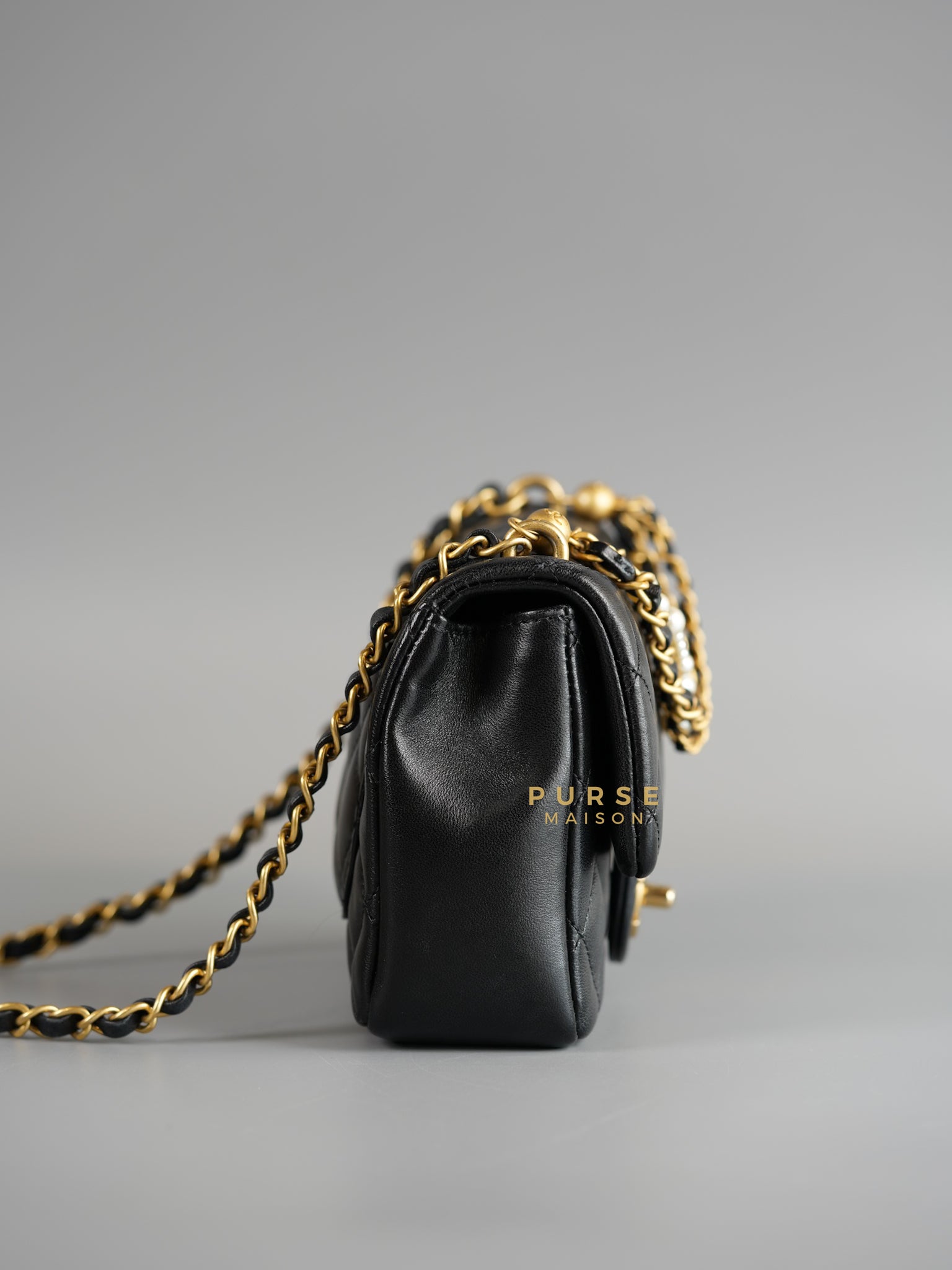 24P Mini Square Pearl Chain in Black Lambskin & Aged Gold Hardware (Microchip) | Purse Maison Luxury Bags Shop