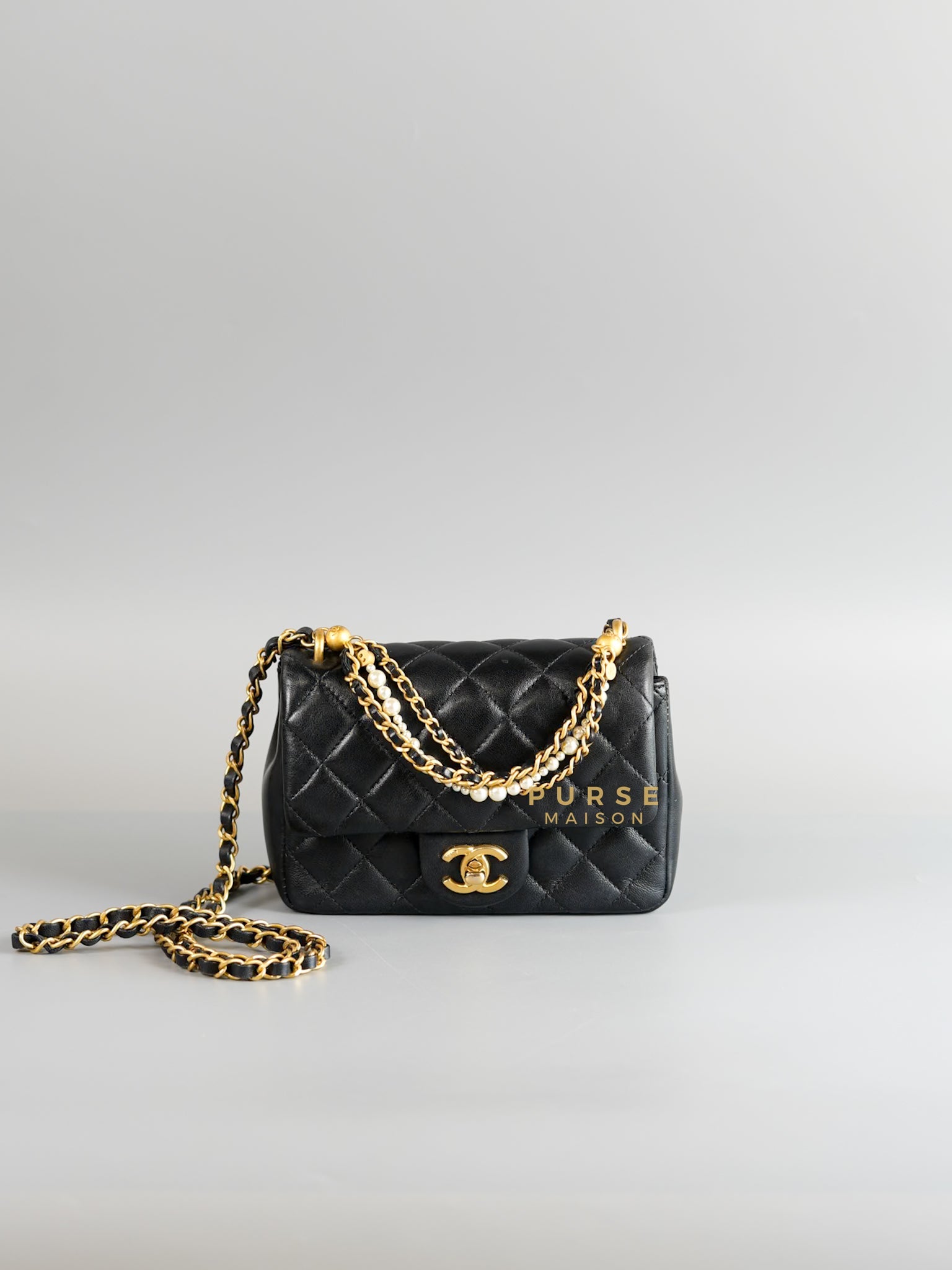 24P Mini Square Pearl Chain in Black Lambskin & Aged Gold Hardware (Microchip) | Purse Maison Luxury Bags Shop