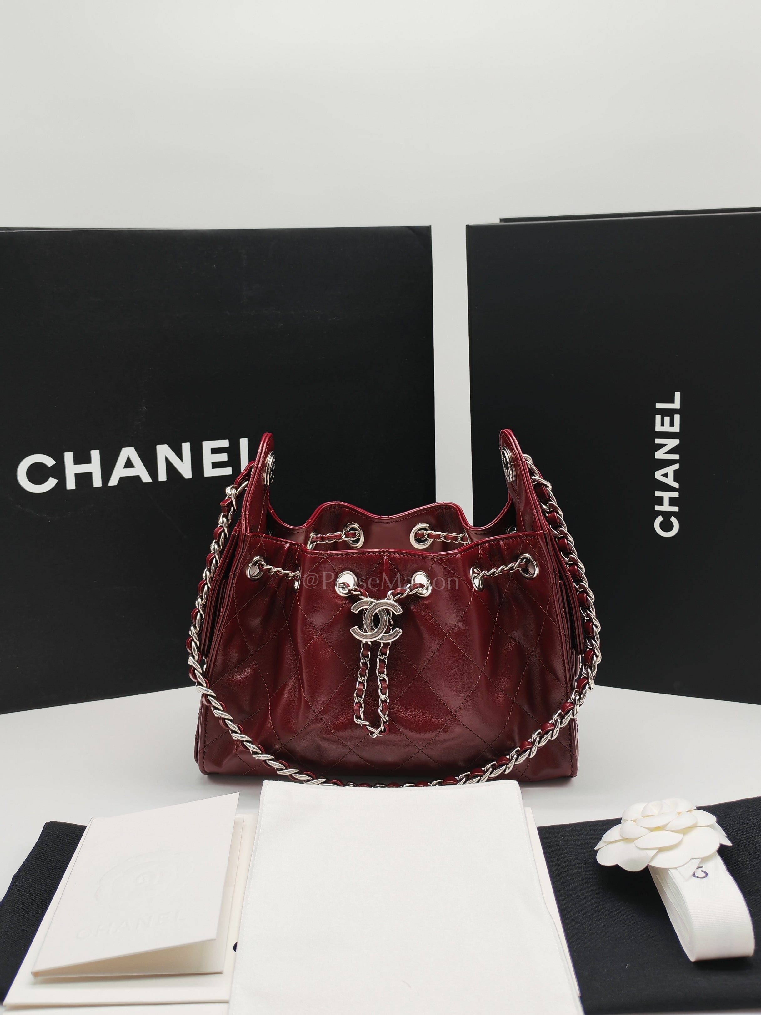 25 Mini Dark Burgundy Shiny Calfskin Leather in Silver Hardware (Microchip) | Purse Maison Luxury Bags Shop