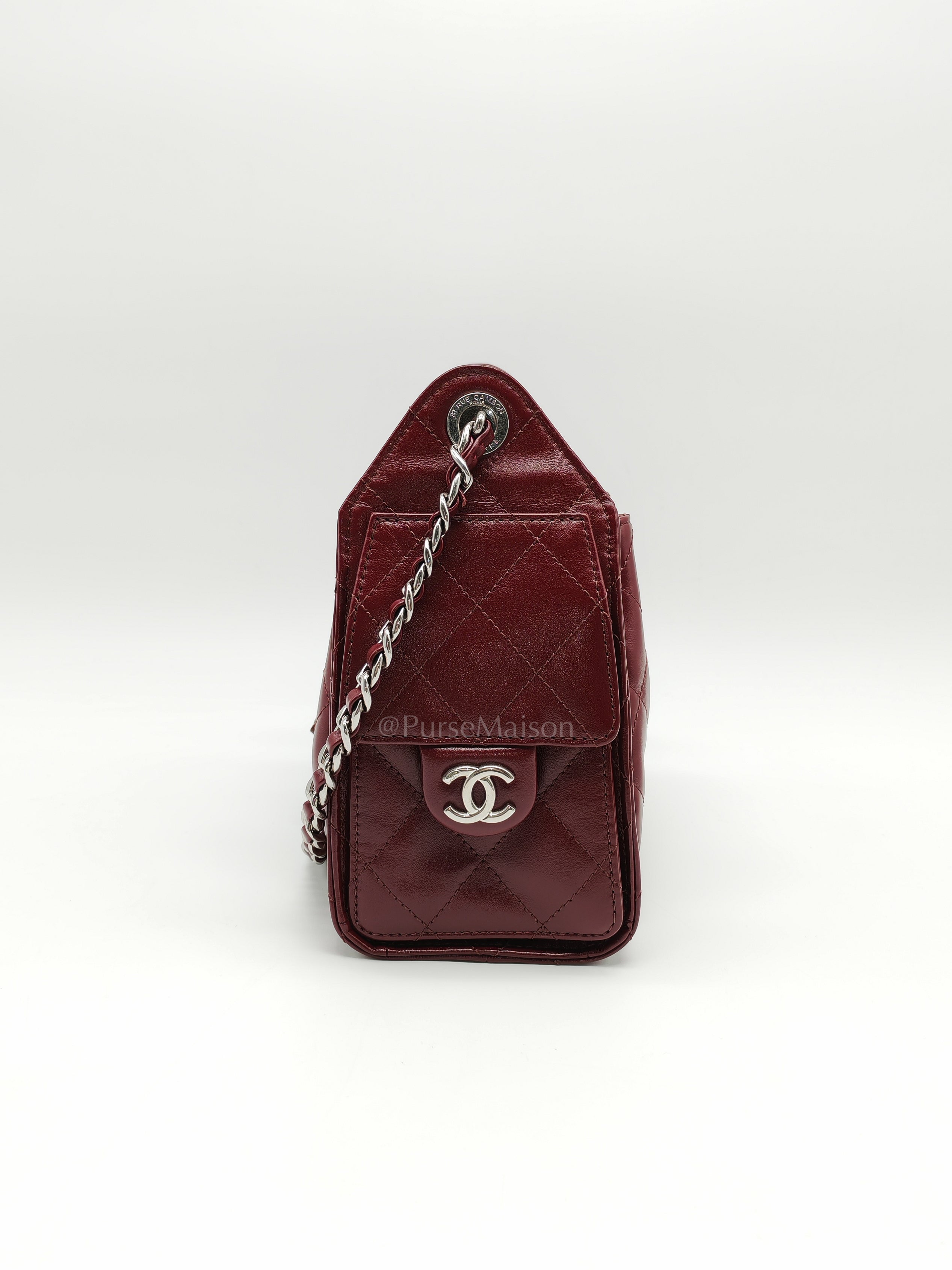 25 Mini Dark Burgundy Shiny Calfskin Leather in Silver Hardware (Microchip) | Purse Maison Luxury Bags Shop