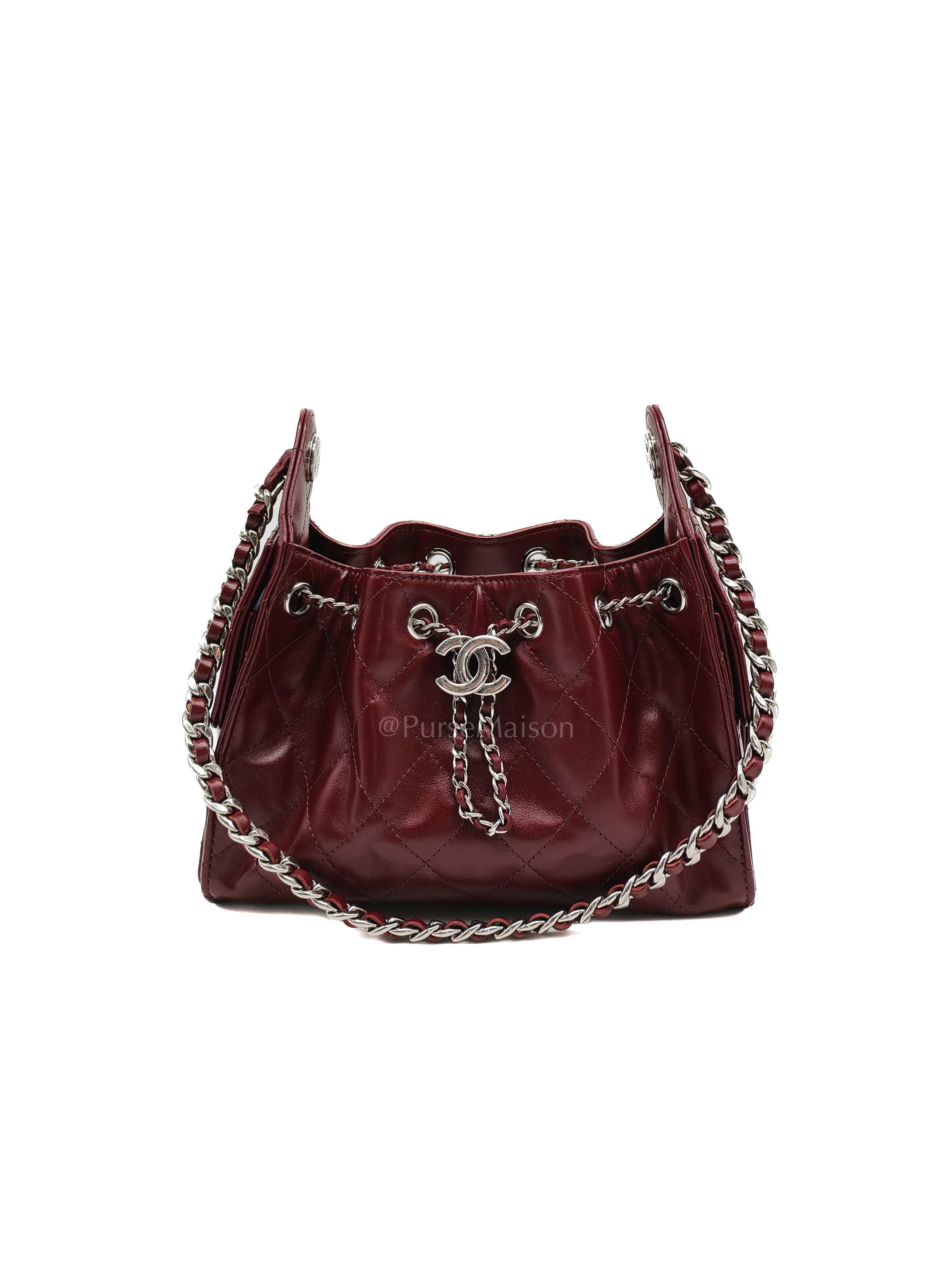 25 Mini Dark Burgundy Shiny Calfskin Leather in Silver Hardware (Microchip) | Purse Maison Luxury Bags Shop