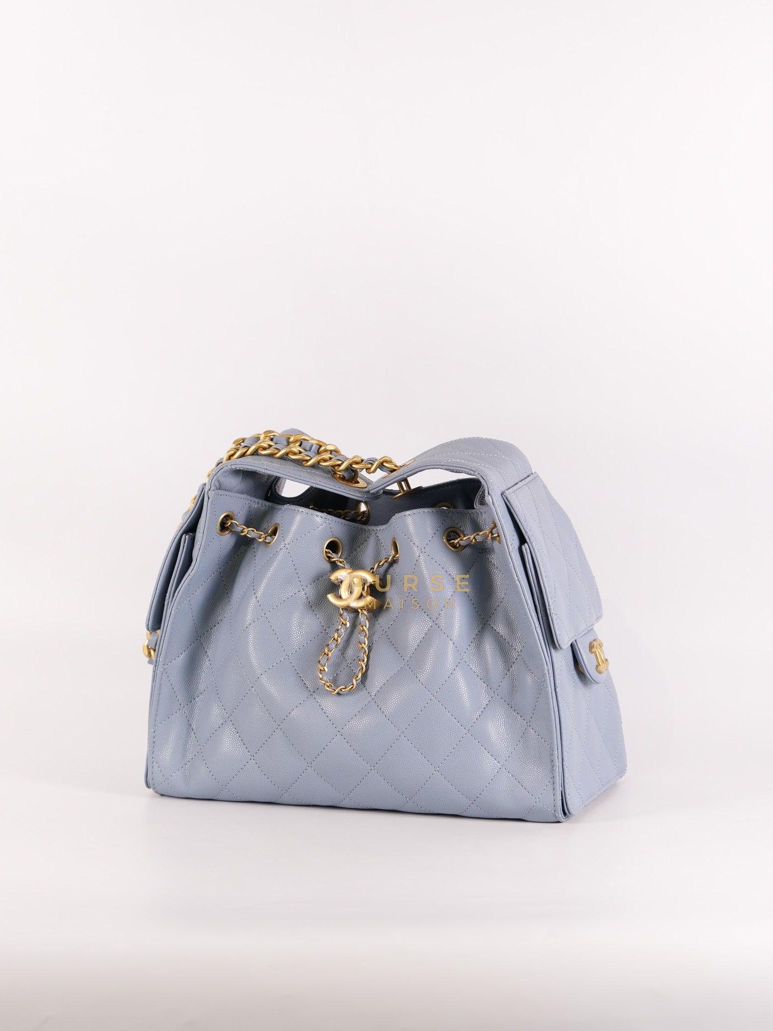 25 Small Handbag in Light Blue Quilted Caviar Leather and Gold Hardware (Microchip) | Purse Maison Luxury Bags Shop