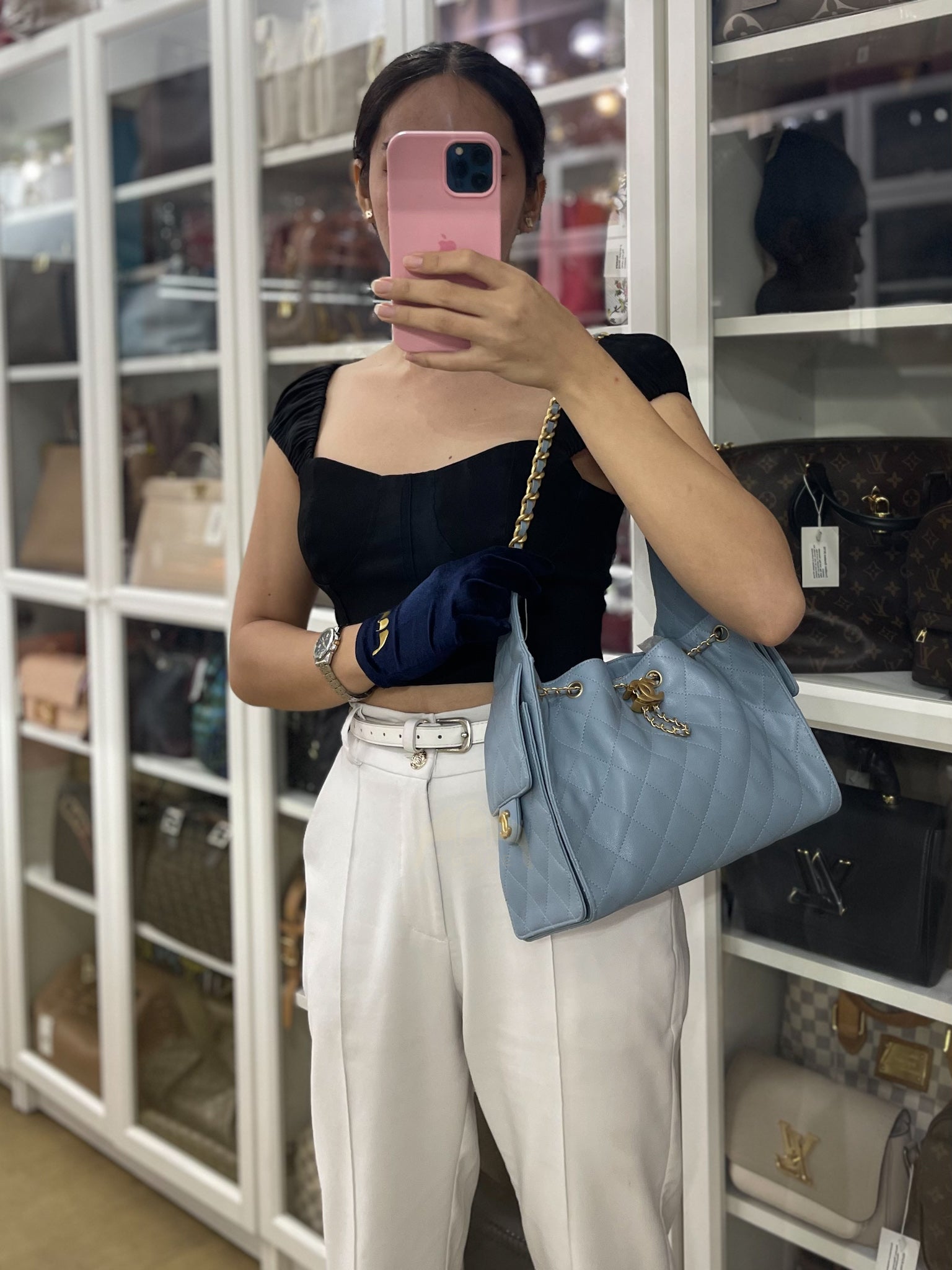 25 Small Handbag in Light Blue Quilted Caviar Leather and Gold Hardware (Microchip) | Purse Maison Luxury Bags Shop