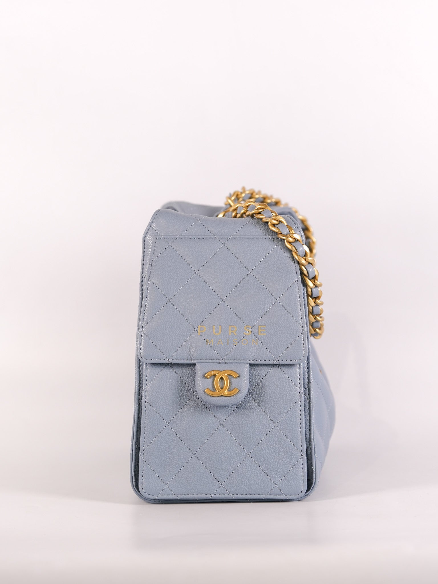 25 Small Handbag in Light Blue Quilted Caviar Leather and Gold Hardware (Microchip) | Purse Maison Luxury Bags Shop