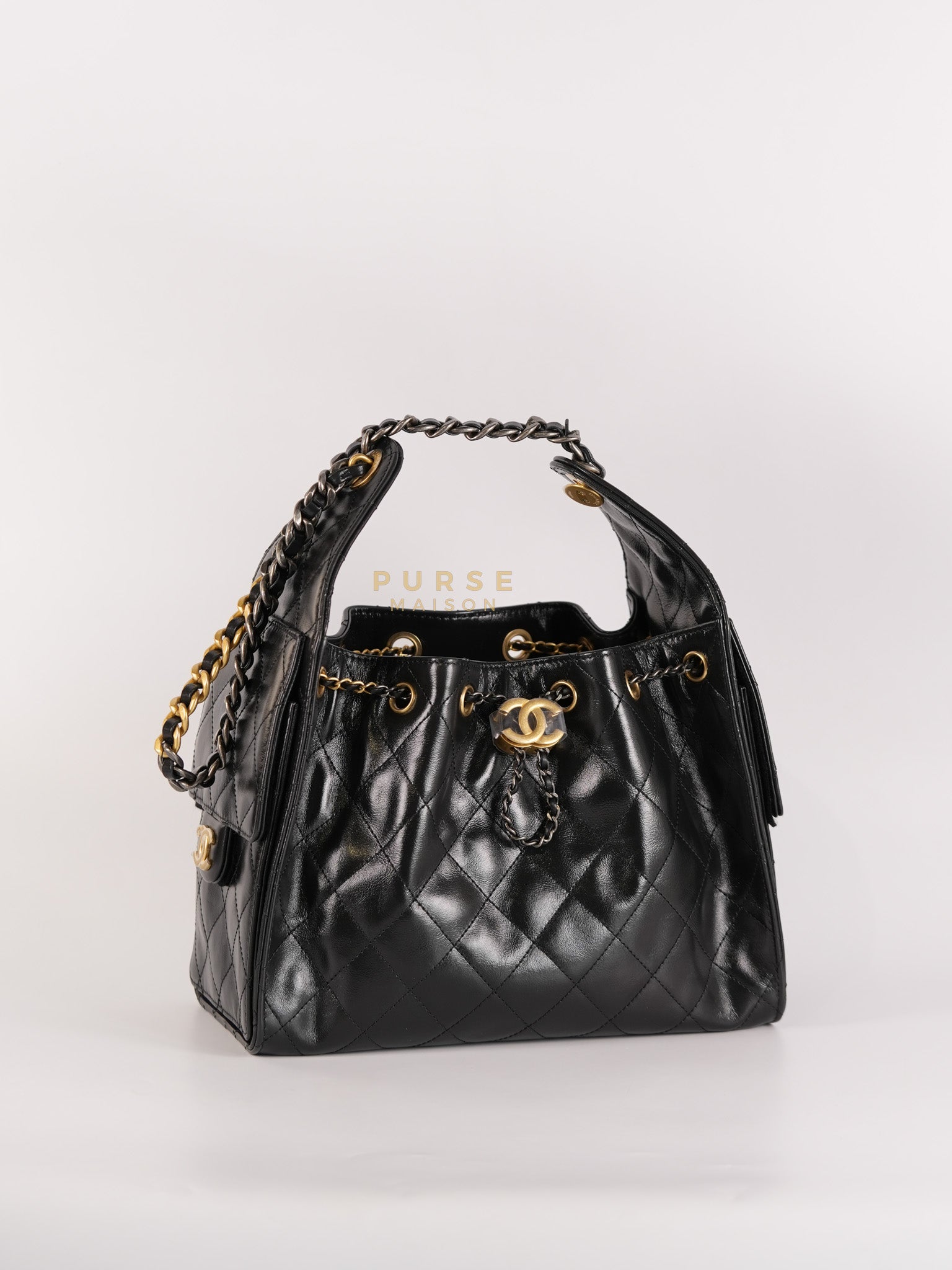 25 Small Hobo Tote Bag in Black Calfskin Leather & Mixed Hardware Microchip | Purse Maison Luxury Bags Shop