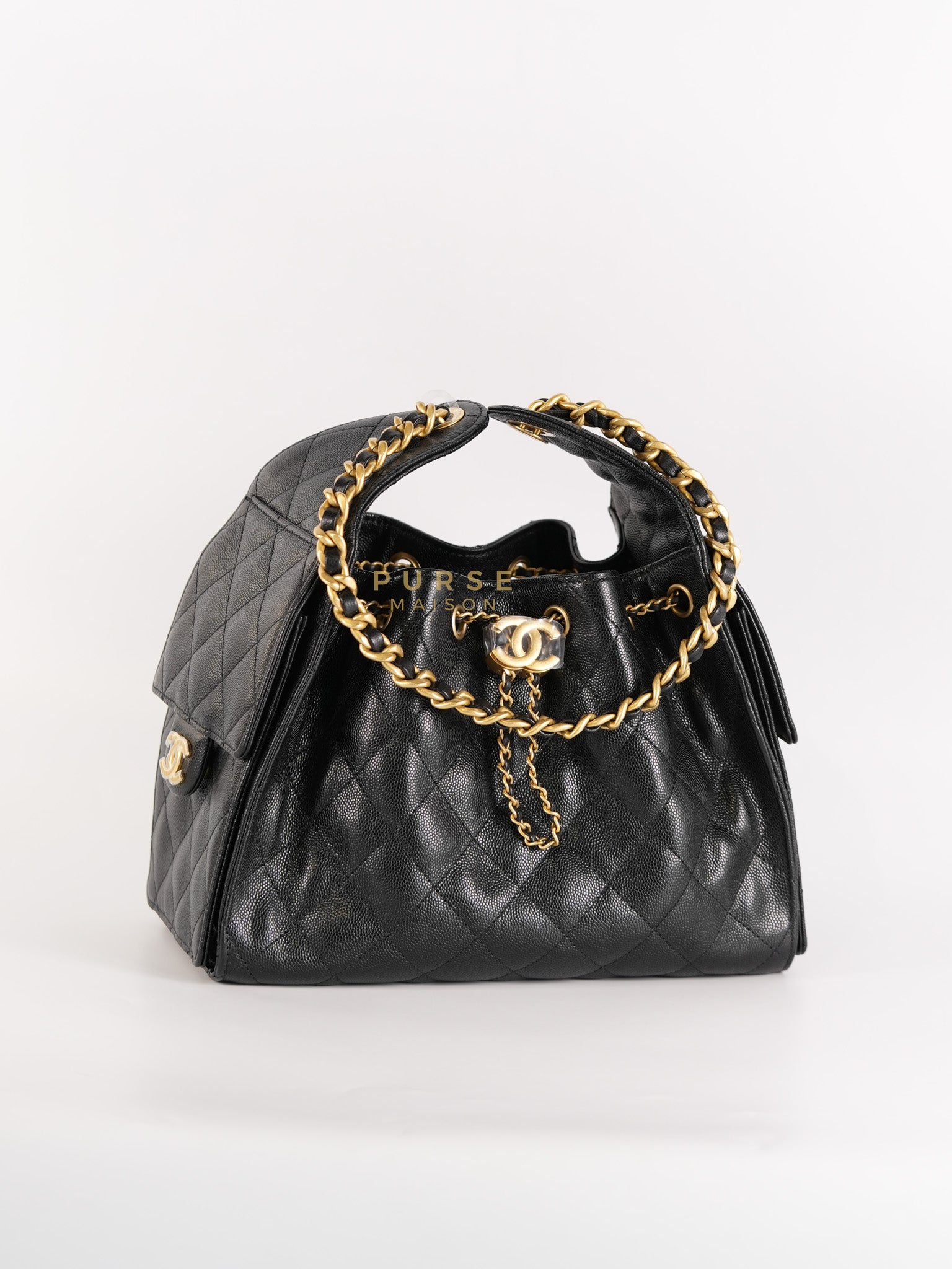 25 Small Hobo Tote Bag in Black Caviar Leather & Aged Gold Hardware Microchip (UA****03) | Purse Maison Luxury Bags Shop