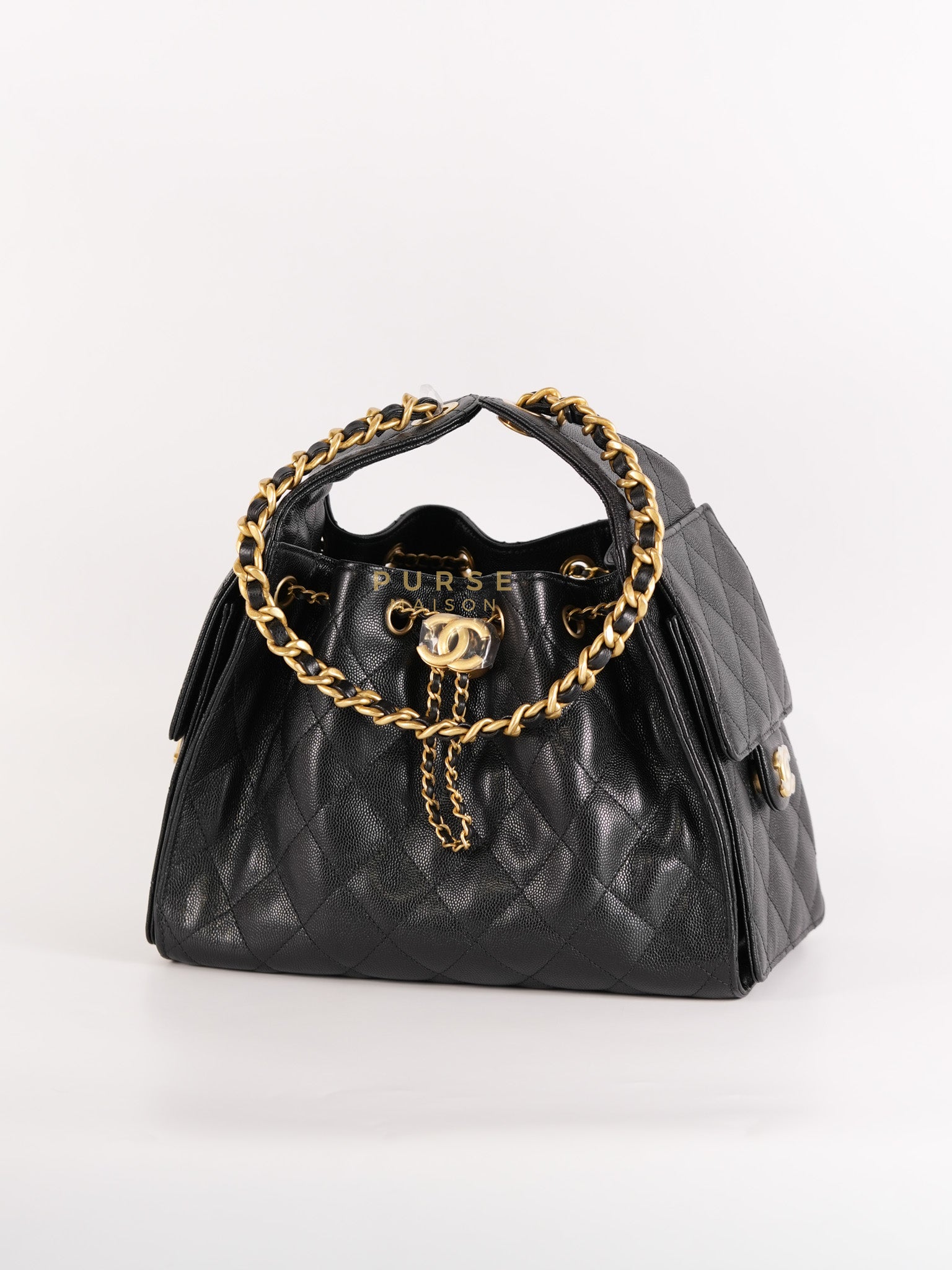 25 Small Hobo Tote Bag in Black Caviar Leather & Aged Gold Hardware Microchip (UA****03) | Purse Maison Luxury Bags Shop