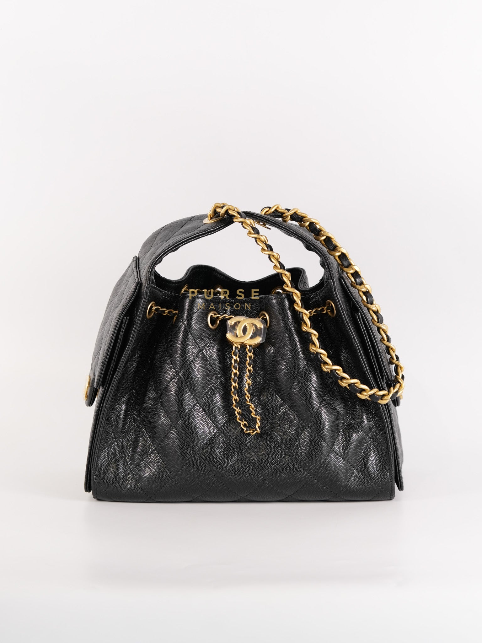 25 Small Hobo Tote Bag in Black Caviar Leather & Aged Gold Hardware Microchip (UA****03) | Purse Maison Luxury Bags Shop