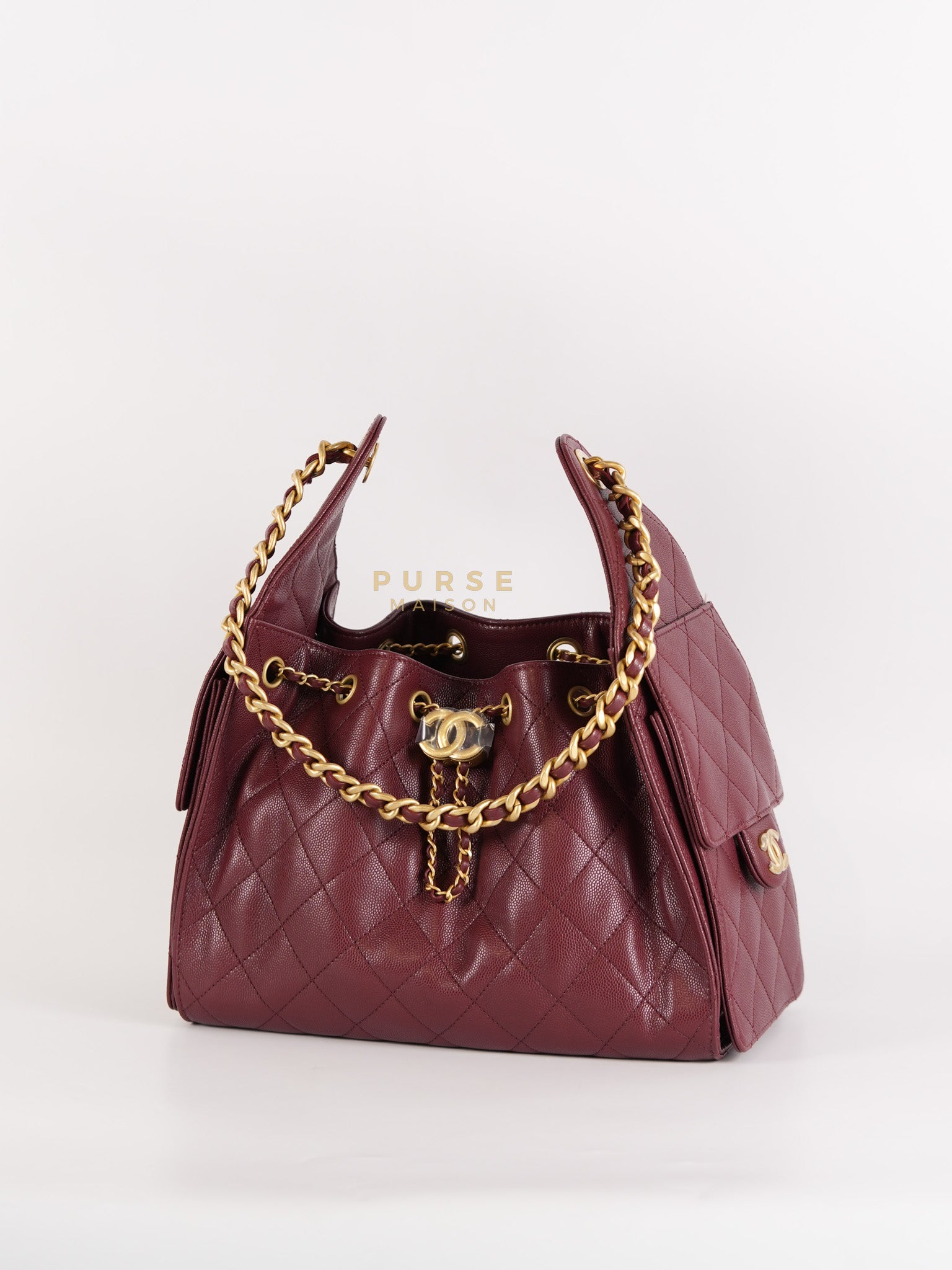 25 Small Hobo Tote Bag in Burgundy Caviar Leather & Aged Gold Hardware Microchip | Purse Maison Luxury Bags Shop