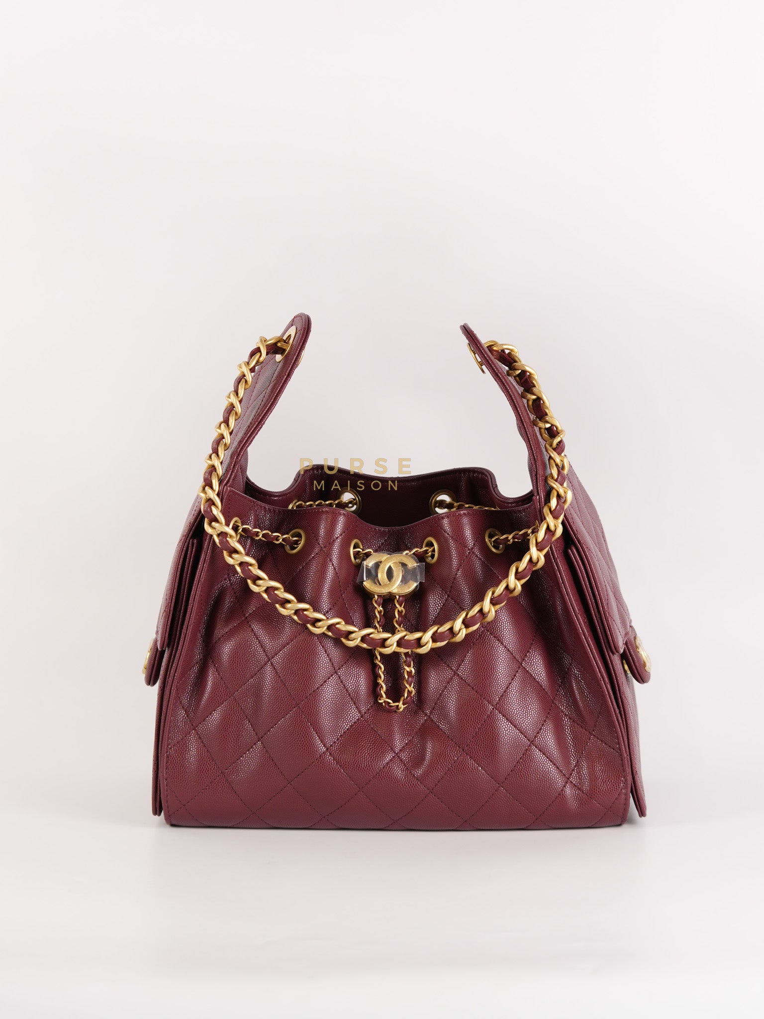 25 Small Hobo Tote Bag in Burgundy Caviar Leather & Aged Gold Hardware Microchip | Purse Maison Luxury Bags Shop