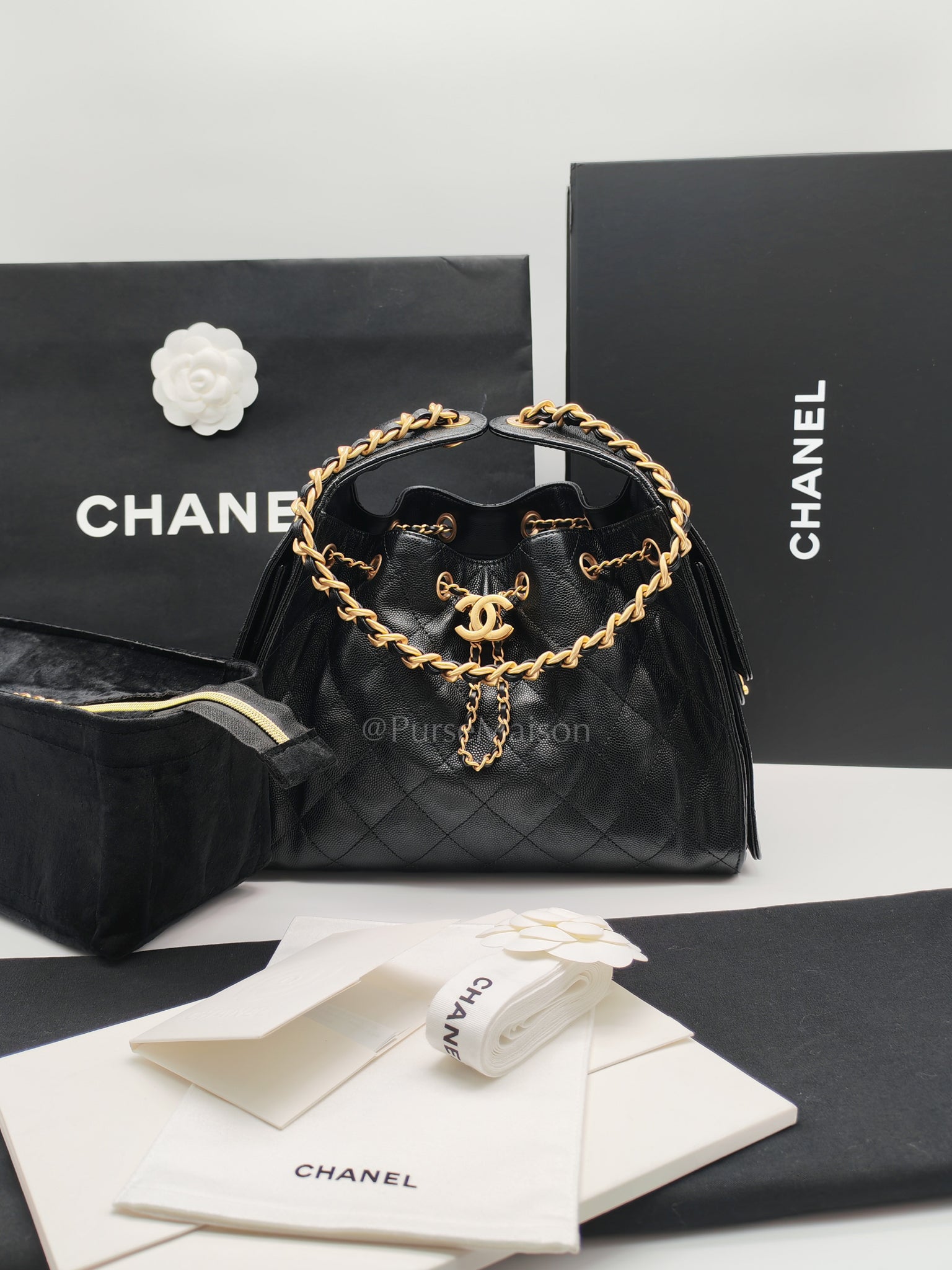 25 Small in Black Caviar Leather and Aged Gold Hardware (Microchip) | Purse Maison Luxury Bags Shop