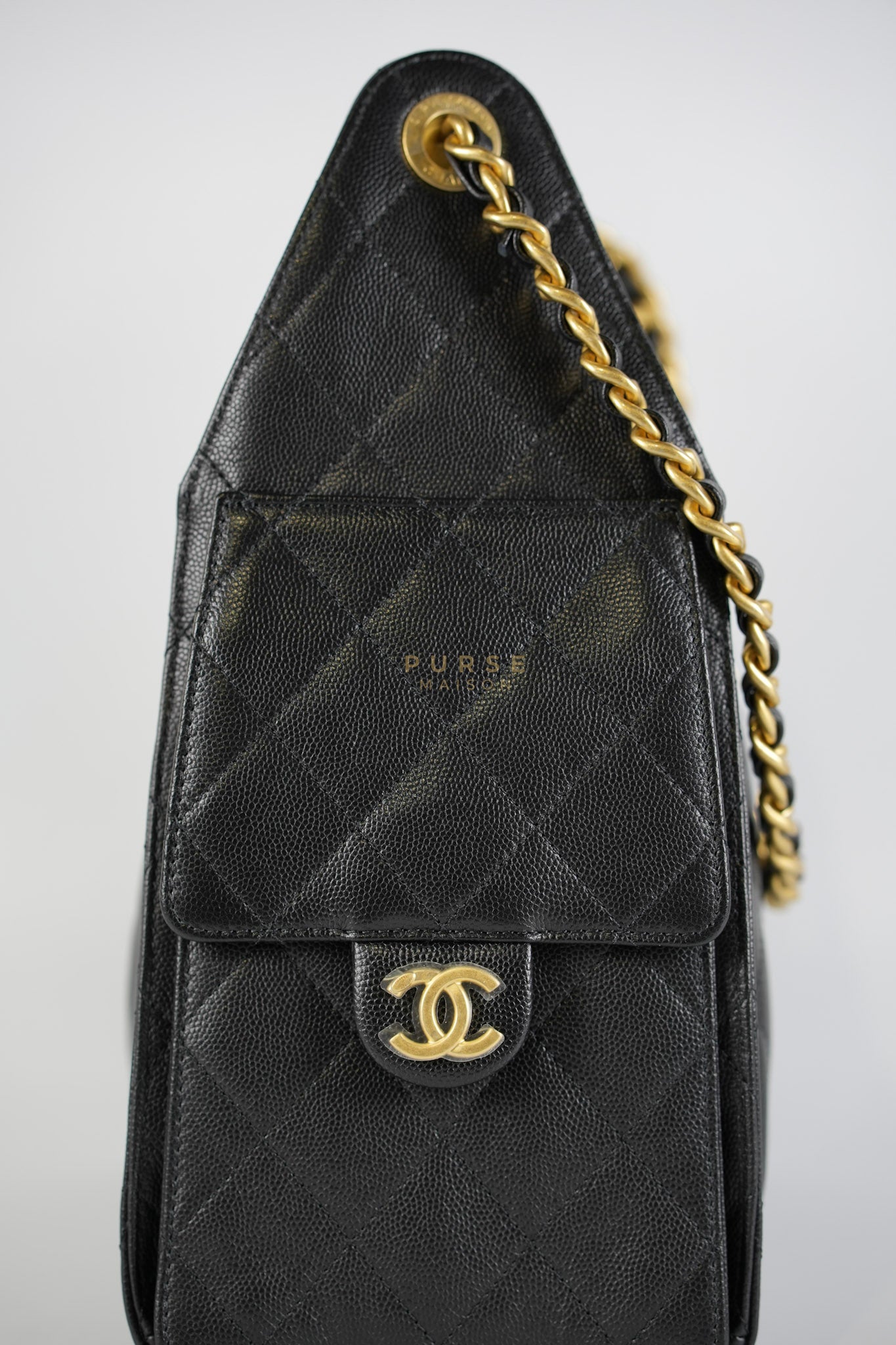 25 Small In Black in Caviar Leather and Aged Gold Hardware (Microchip) | Purse Maison Luxury Bags Shop