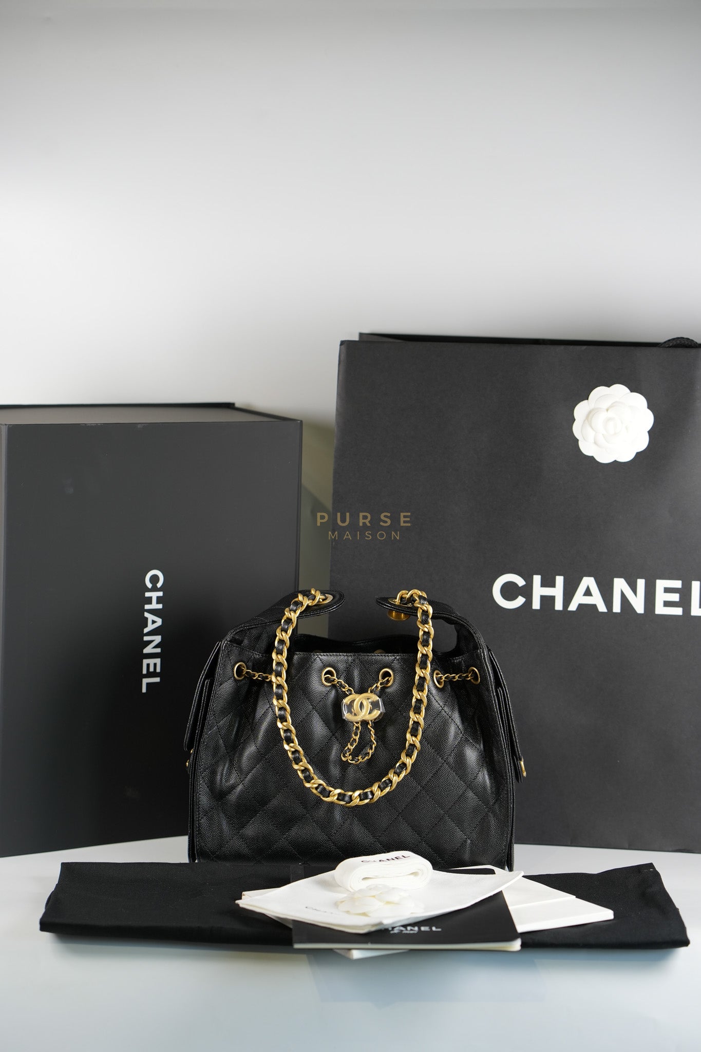 25 Small In Black in Caviar Leather and Aged Gold Hardware (Microchip) | Purse Maison Luxury Bags Shop