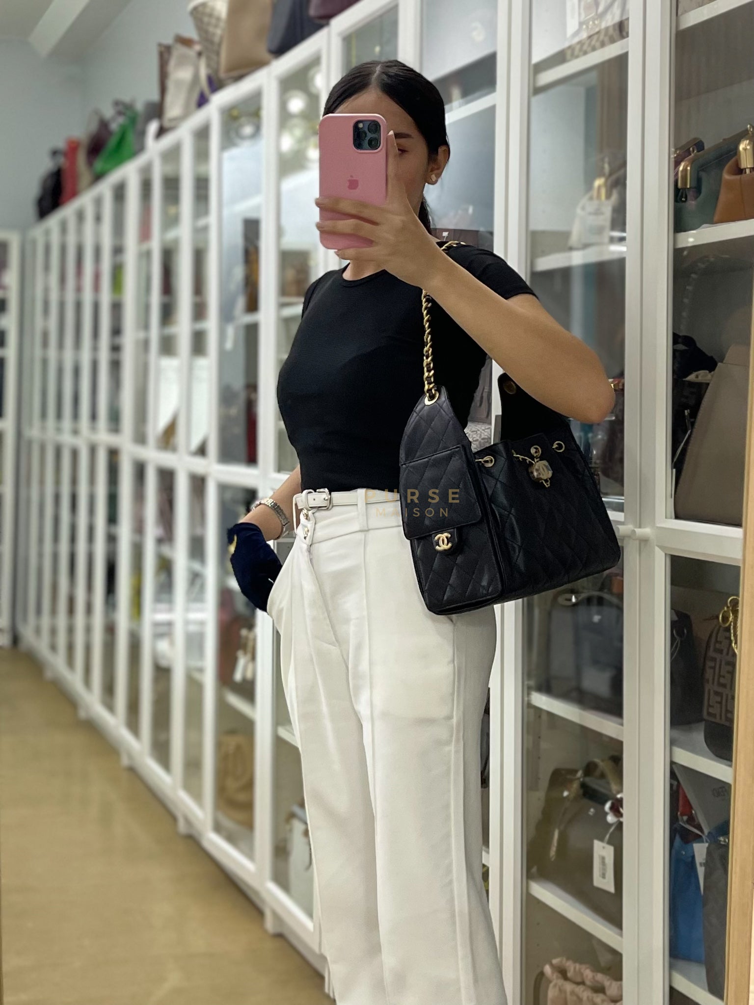 25 Small In Black in Caviar Leather and Aged Gold Hardware (Microchip) | Purse Maison Luxury Bags Shop